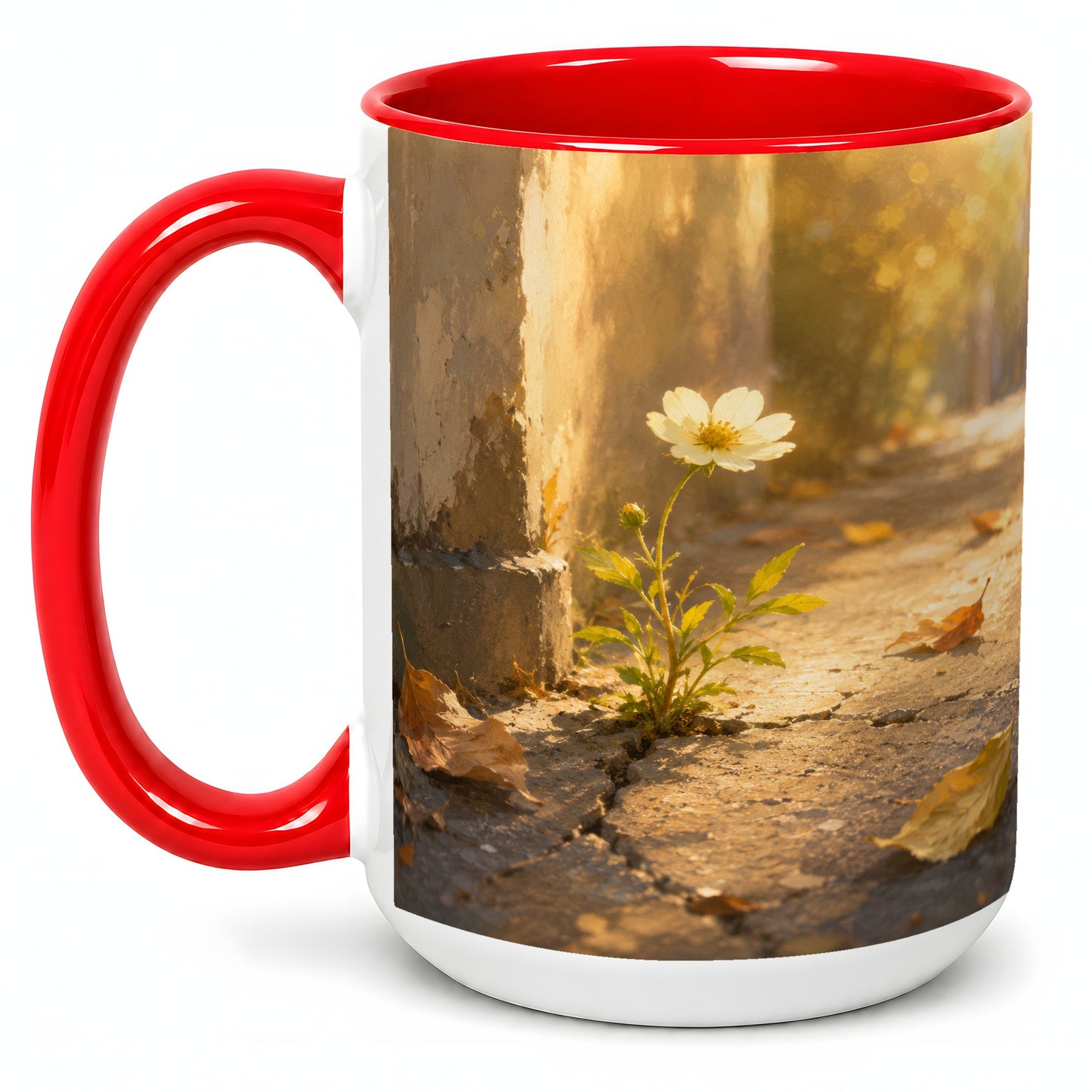 #pl[15oz|Red] Resilient White Flower Ceramic Mug, Hopeful Nature Art