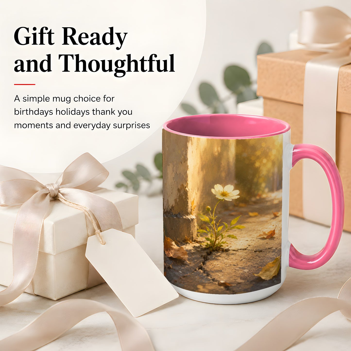 #pl[15oz|Pink] Resilient White Flower Ceramic Mug, Hopeful Nature Art