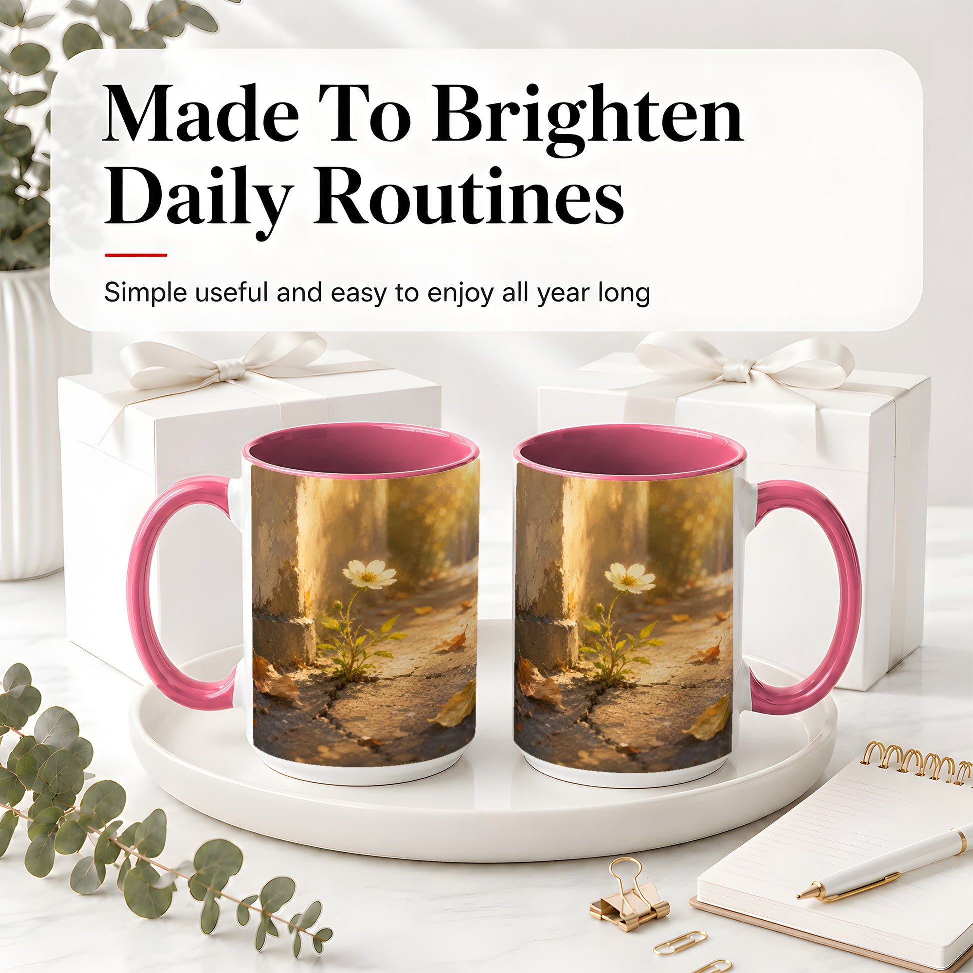 #pl[15oz|Pink] Resilient White Flower Ceramic Mug, Hopeful Nature Art