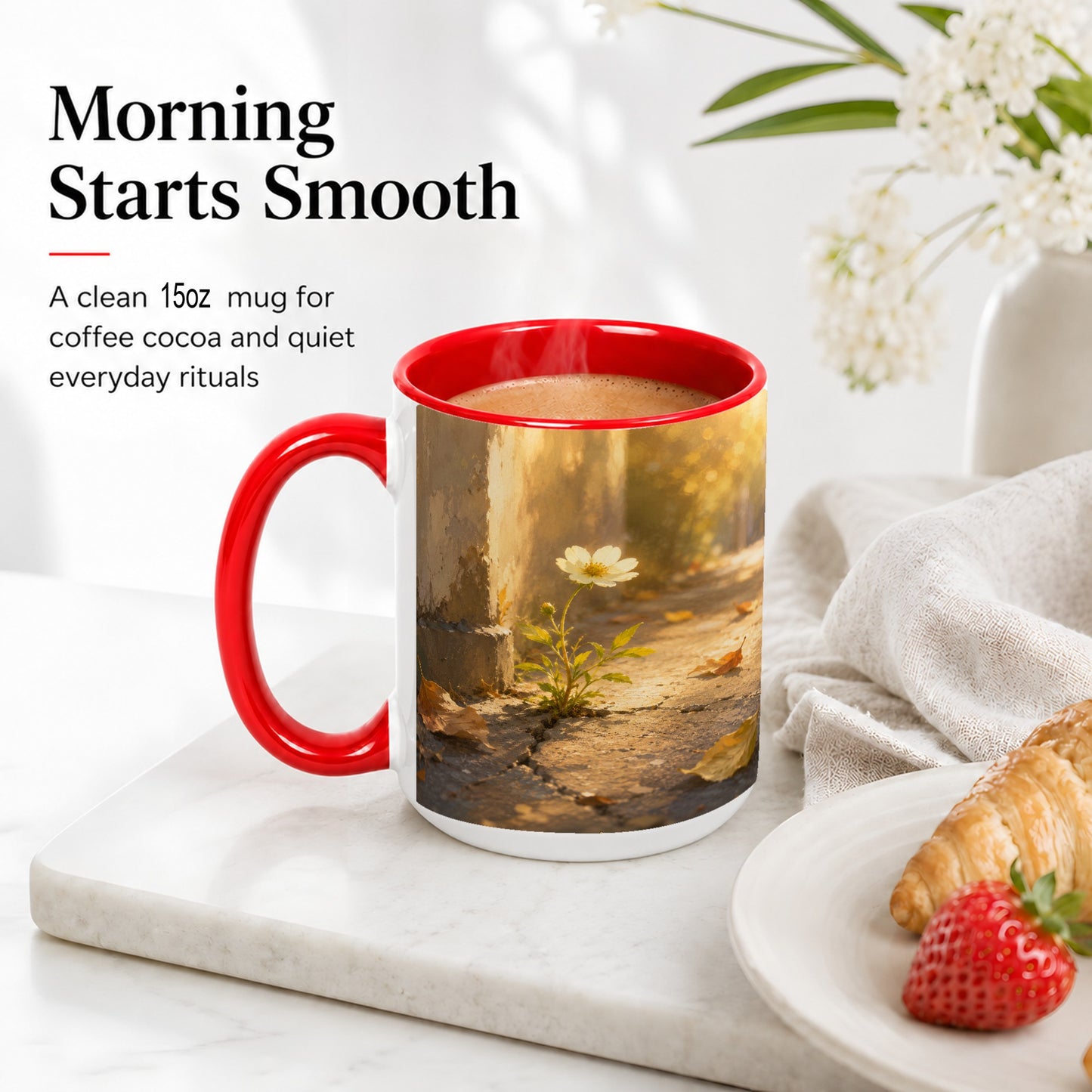 #pl[15oz|Red] Resilient White Flower Ceramic Mug, Hopeful Nature Art