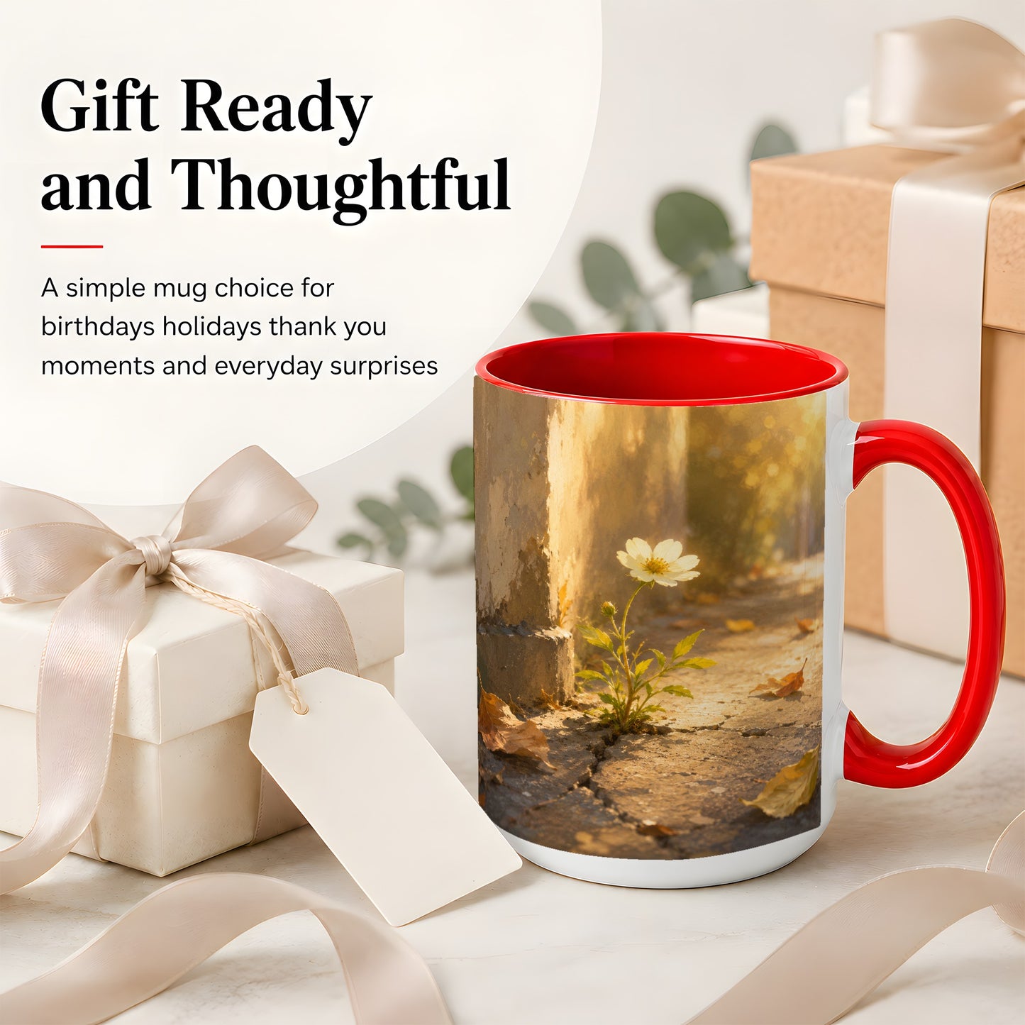 #pl[15oz|Red] Resilient White Flower Ceramic Mug, Hopeful Nature Art