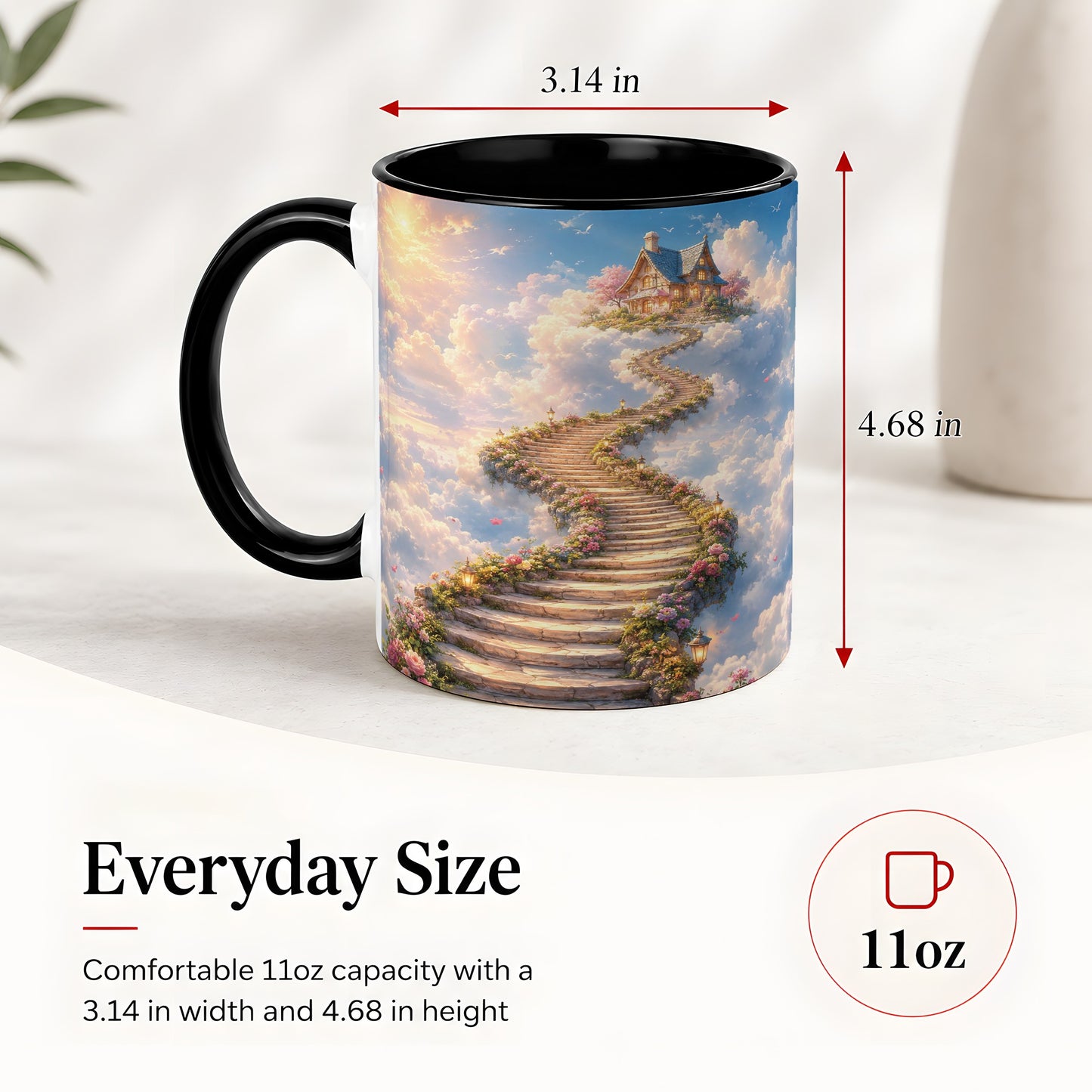 #pl[11oz|Black] Cloud Cottage Stairway Ceramic Mug, Whimsical Sky Cottage Art