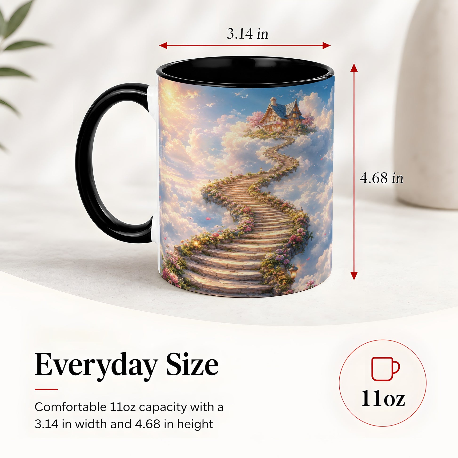 #pl[11oz|Black] Cloud Cottage Stairway Ceramic Mug, Whimsical Sky Cottage Art