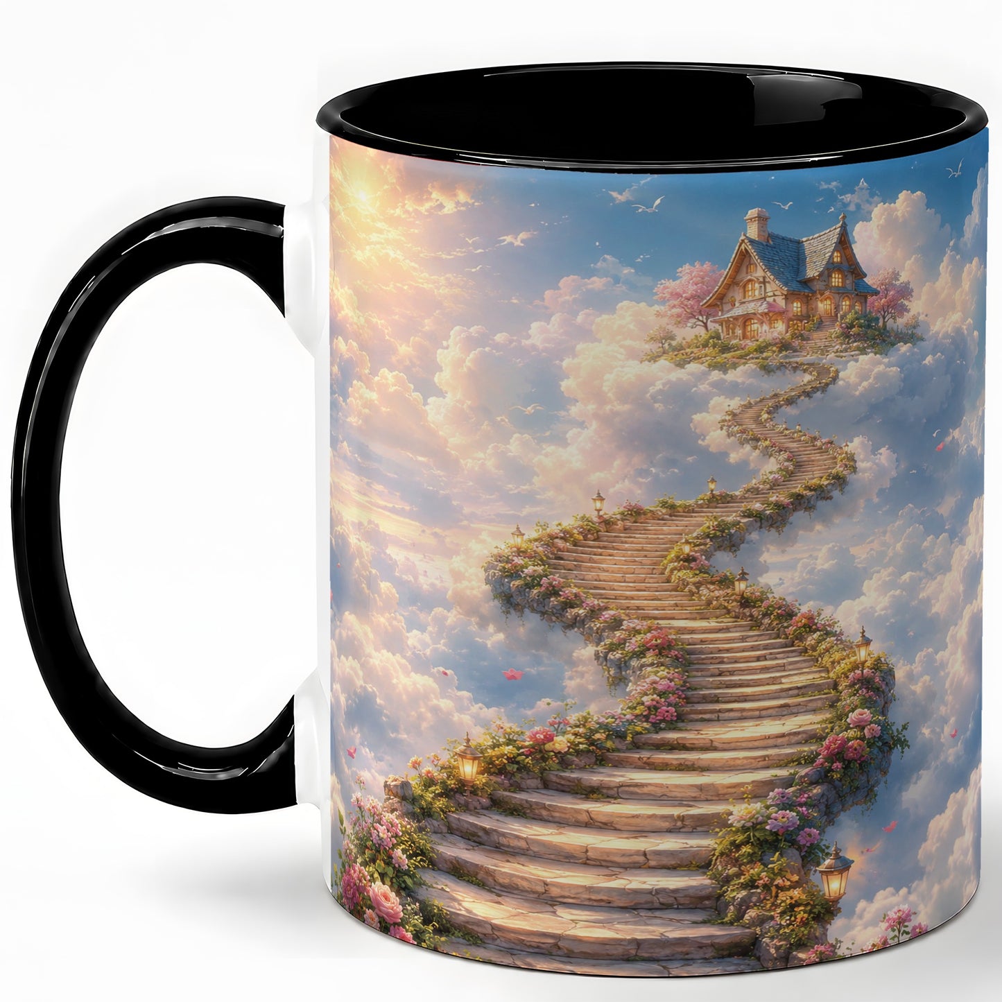 #pl[11oz|Black] Cloud Cottage Stairway Ceramic Mug, Whimsical Sky Cottage Art