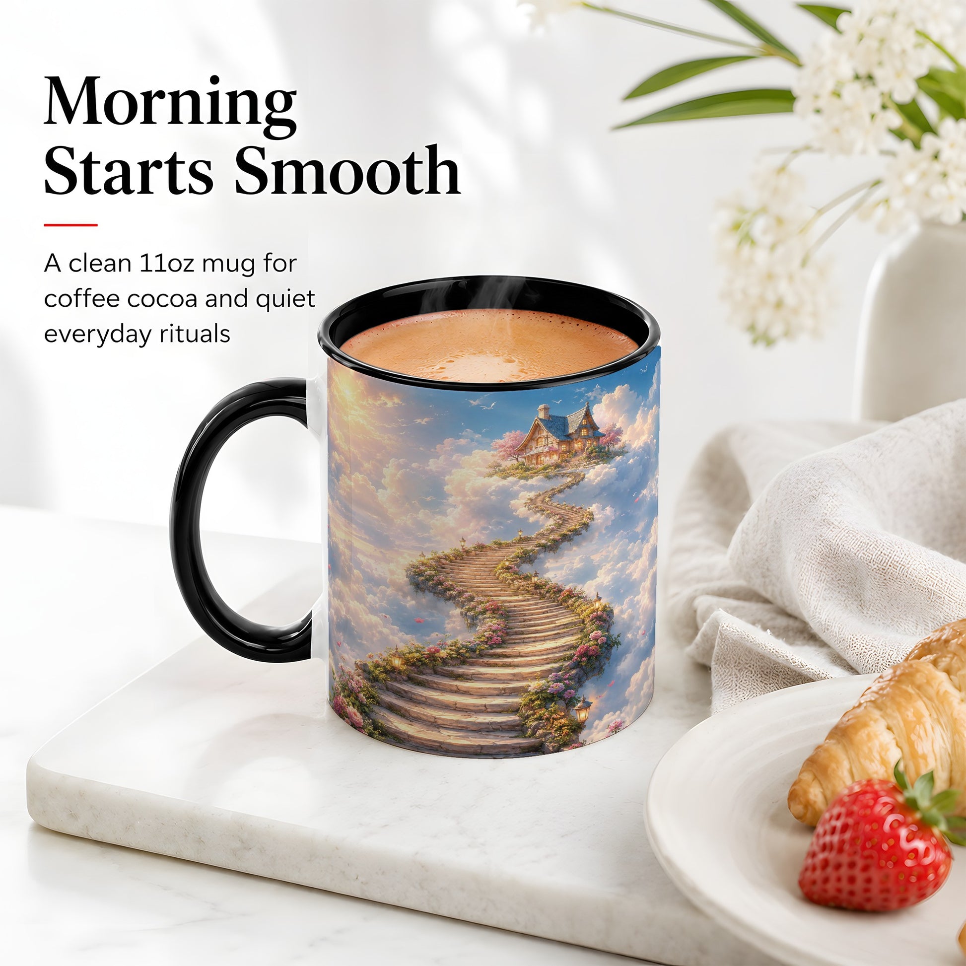 #pl[11oz|Black] Cloud Cottage Stairway Ceramic Mug, Whimsical Sky Cottage Art