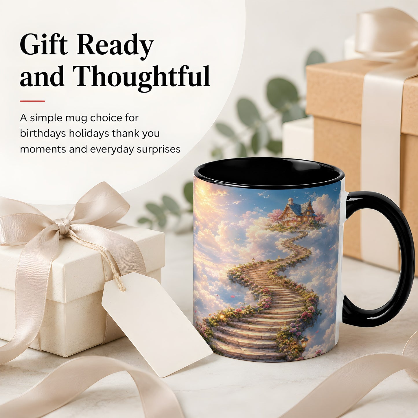 #pl[11oz|Black] Cloud Cottage Stairway Ceramic Mug, Whimsical Sky Cottage Art