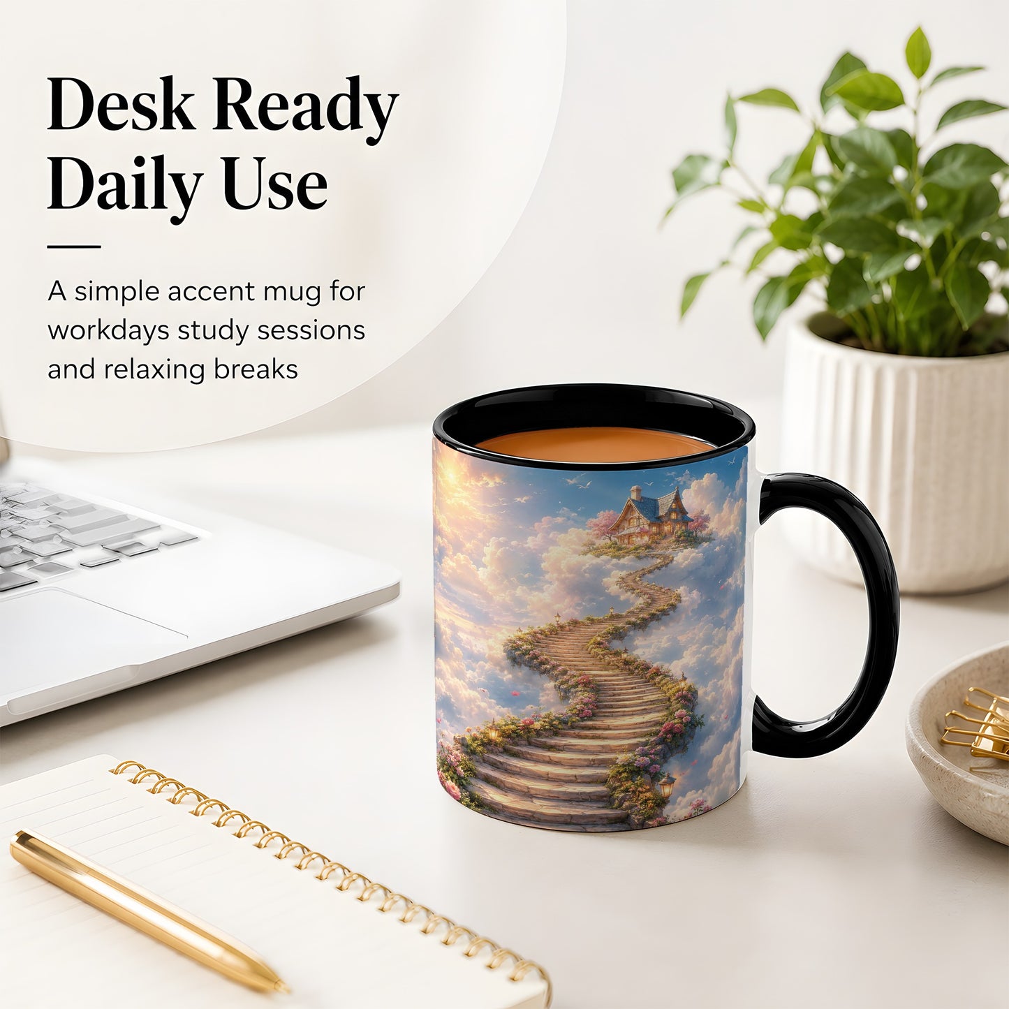 #pl[11oz|Black] Cloud Cottage Stairway Ceramic Mug, Whimsical Sky Cottage Art