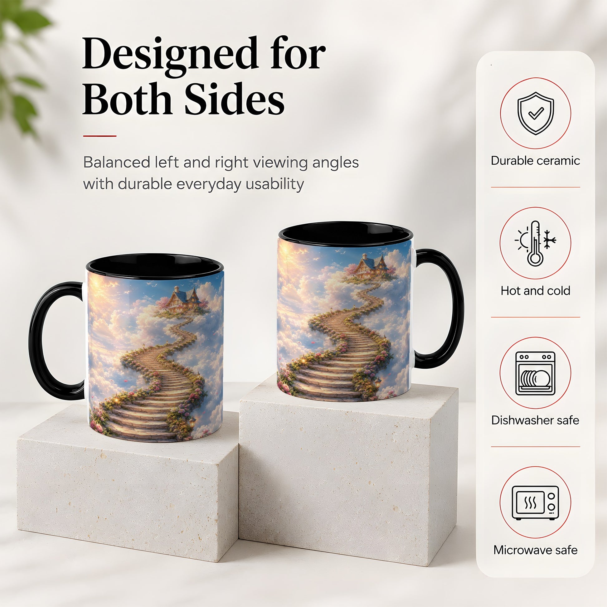 #pl[11oz|Black] Cloud Cottage Stairway Ceramic Mug, Whimsical Sky Cottage Art