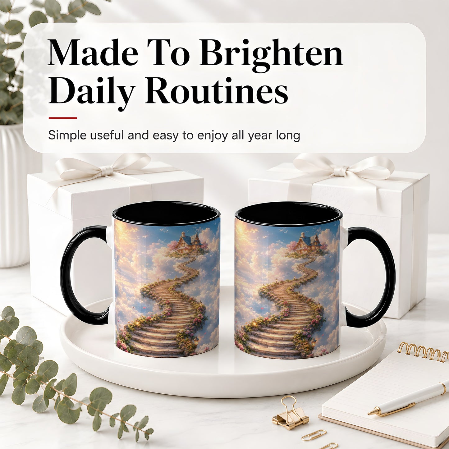 #pl[11oz|Black] Cloud Cottage Stairway Ceramic Mug, Whimsical Sky Cottage Art