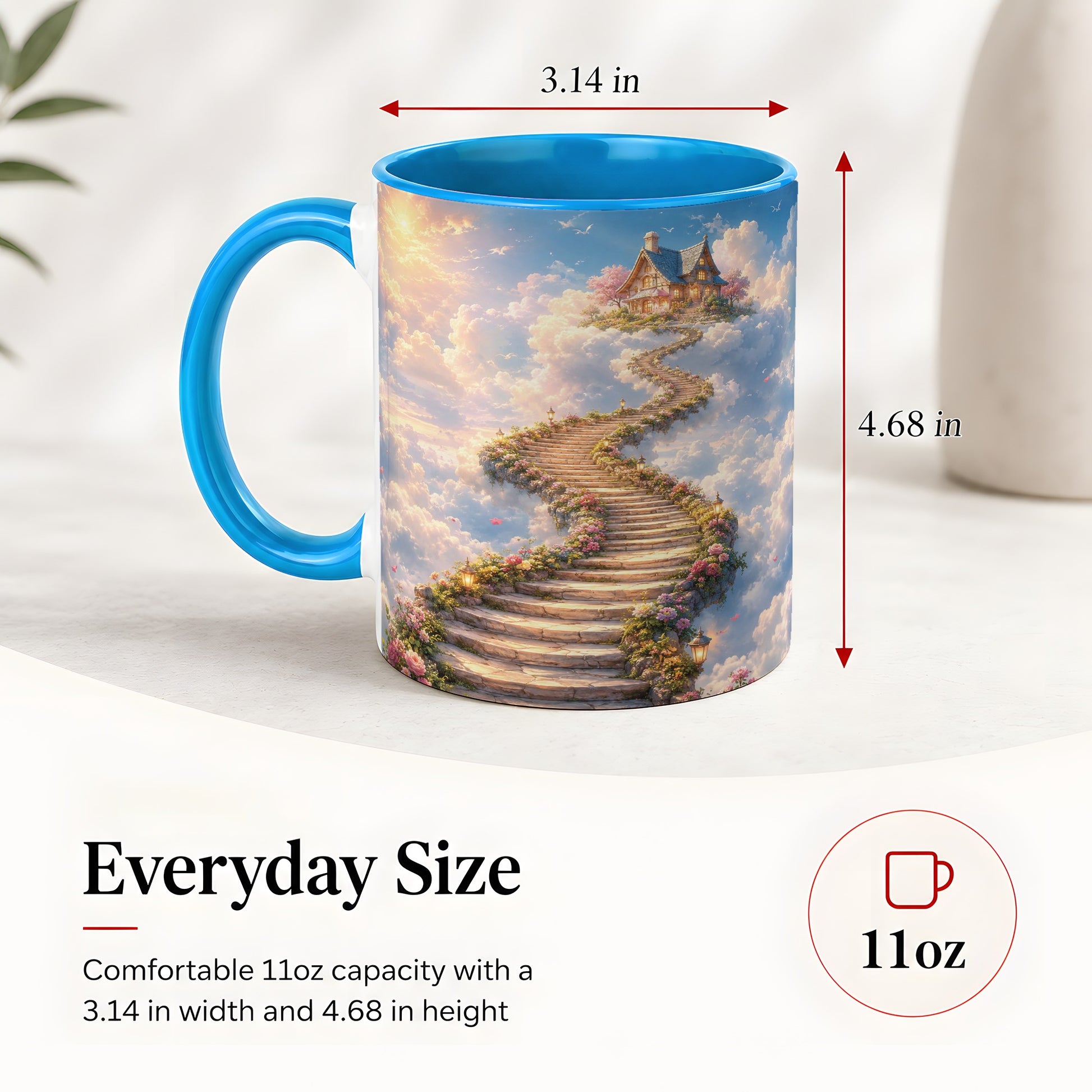 #pl[11oz|Blue] Cloud Cottage Stairway Ceramic Mug, Whimsical Sky Cottage Art