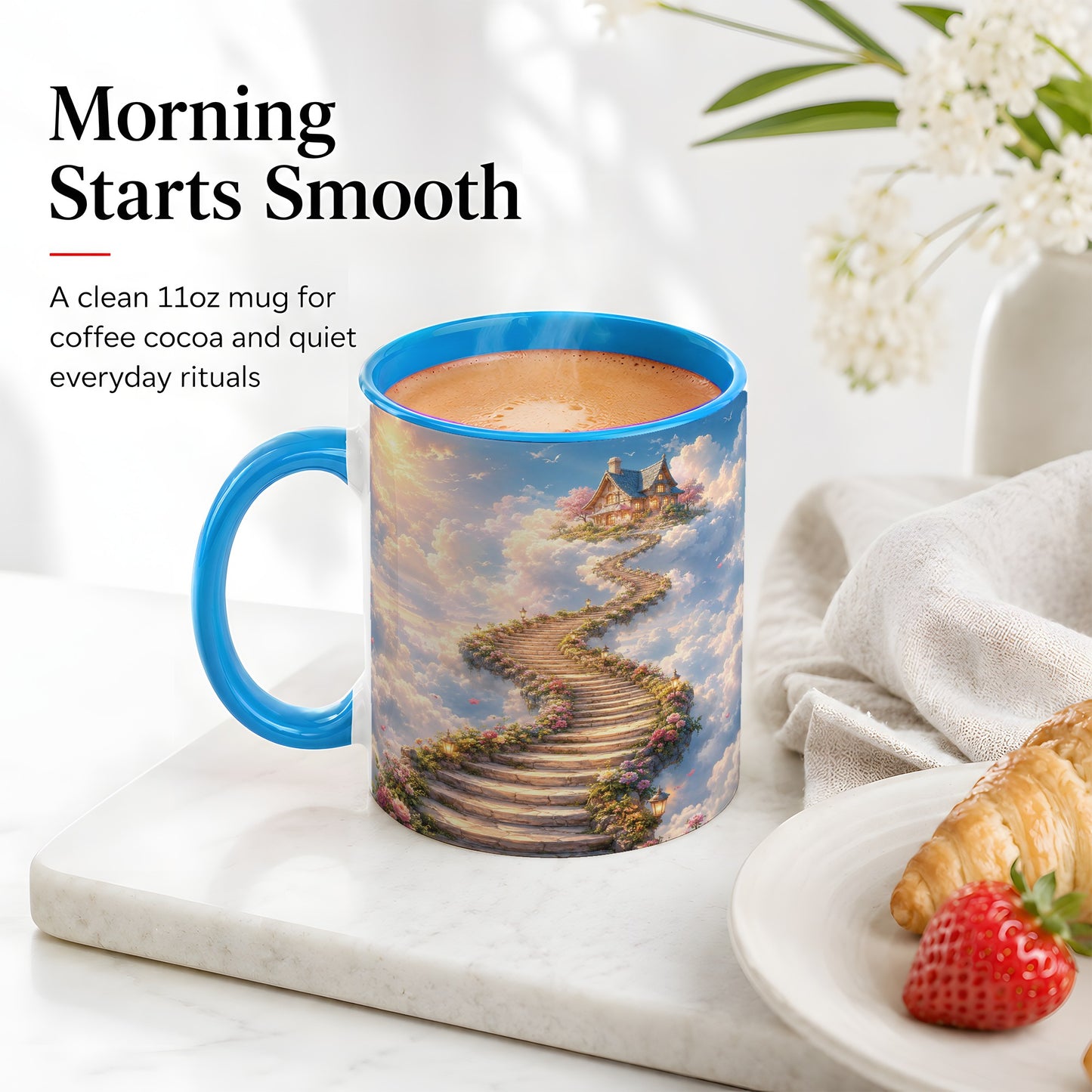 #pl[11oz|Blue] Cloud Cottage Stairway Ceramic Mug, Whimsical Sky Cottage Art