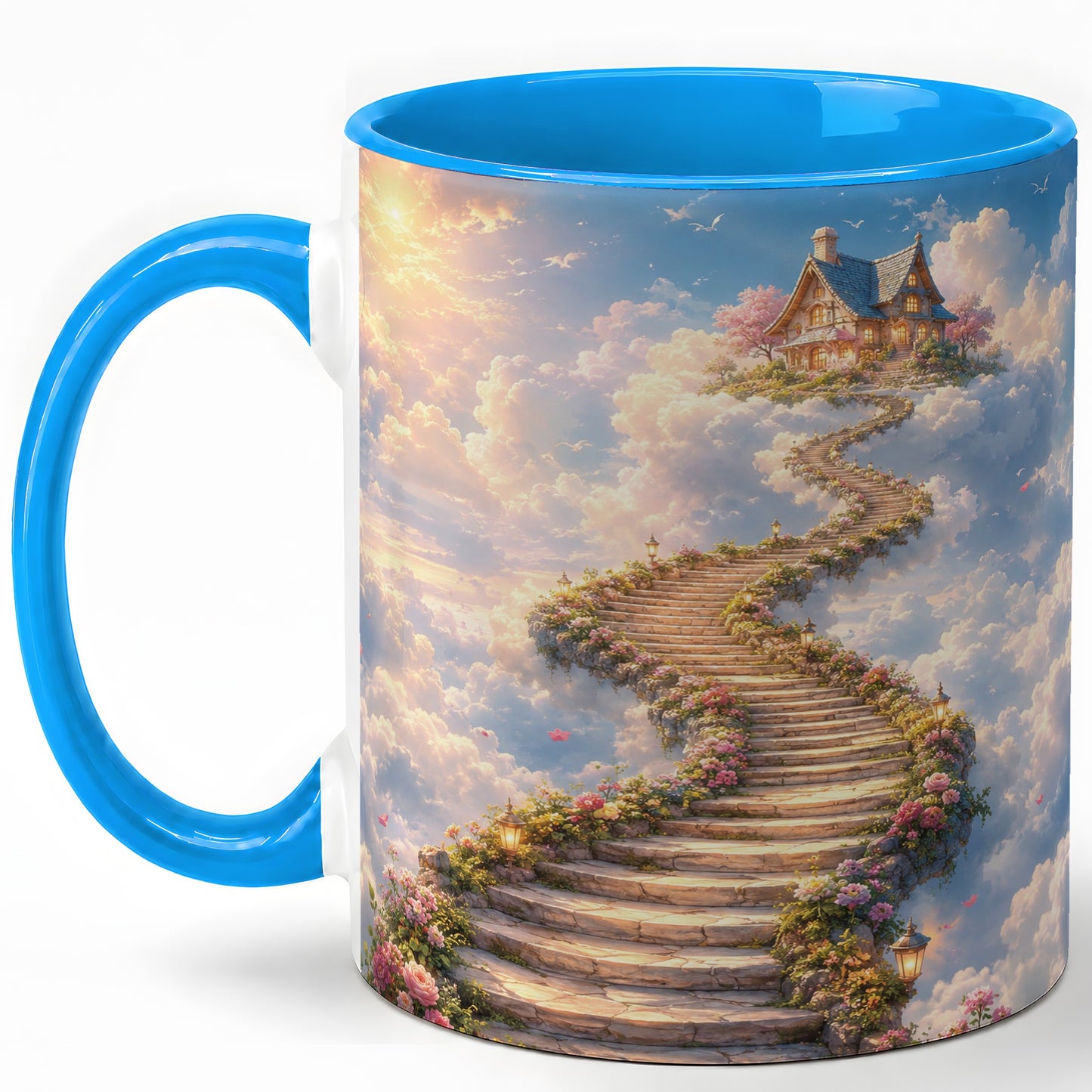 #pl[11oz|Blue] Cloud Cottage Stairway Ceramic Mug, Whimsical Sky Cottage Art