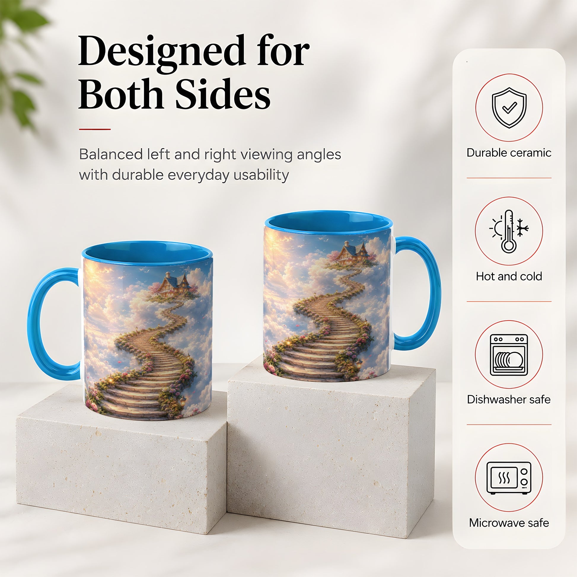 #pl[11oz|Blue] Cloud Cottage Stairway Ceramic Mug, Whimsical Sky Cottage Art