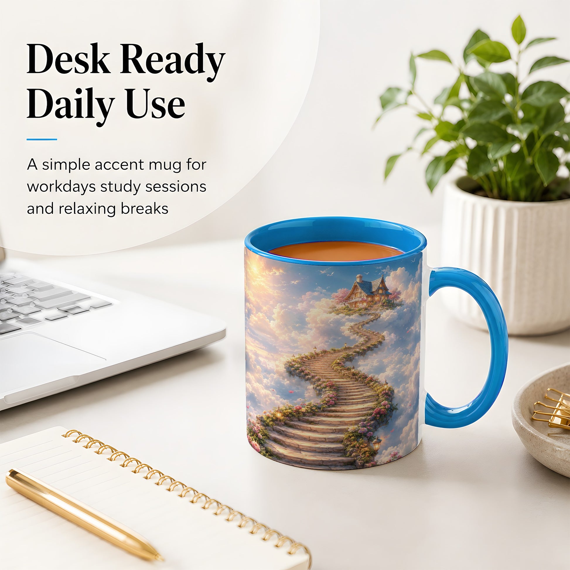 #pl[11oz|Blue] Cloud Cottage Stairway Ceramic Mug, Whimsical Sky Cottage Art
