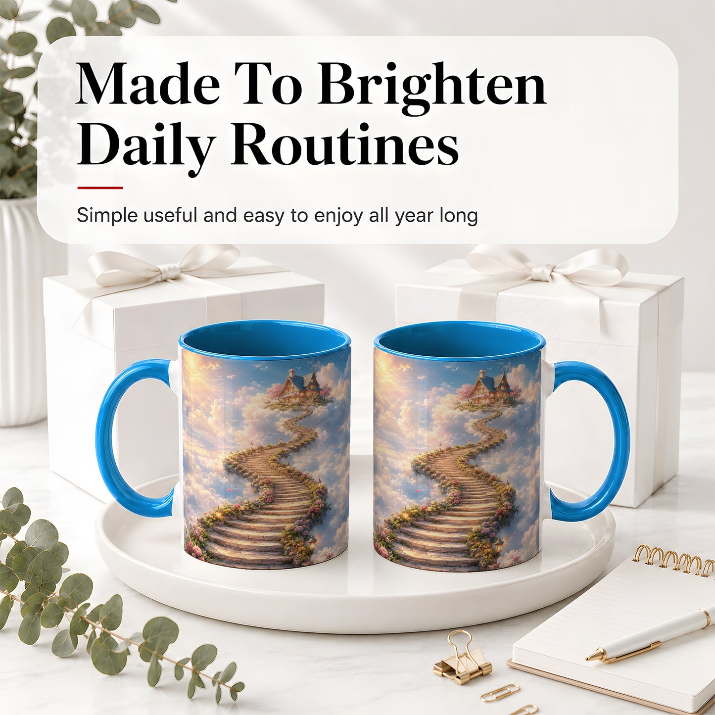 #pl[11oz|Blue] Cloud Cottage Stairway Ceramic Mug, Whimsical Sky Cottage Art