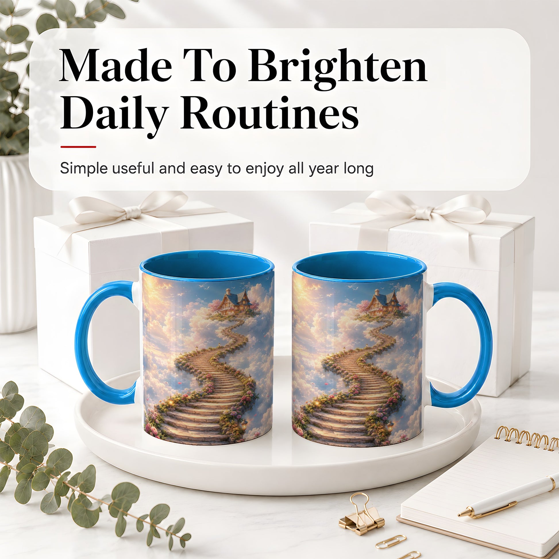 #pl[11oz|Blue] Cloud Cottage Stairway Ceramic Mug, Whimsical Sky Cottage Art