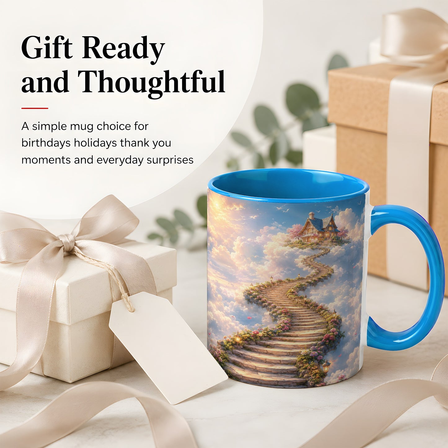 #pl[11oz|Blue] Cloud Cottage Stairway Ceramic Mug, Whimsical Sky Cottage Art