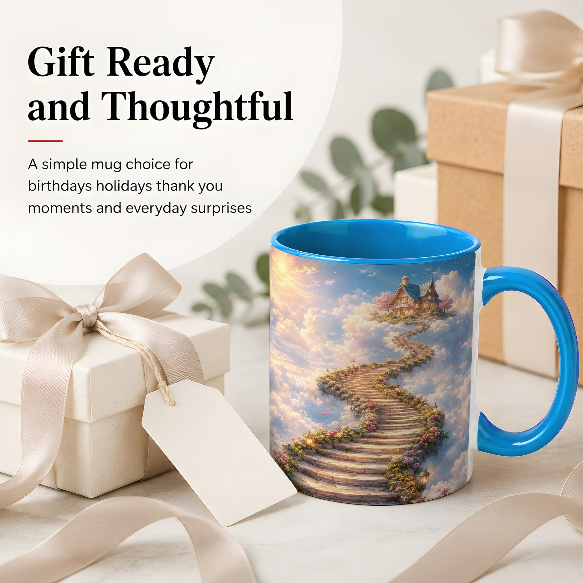 #pl[11oz|Blue] Cloud Cottage Stairway Ceramic Mug, Whimsical Sky Cottage Art