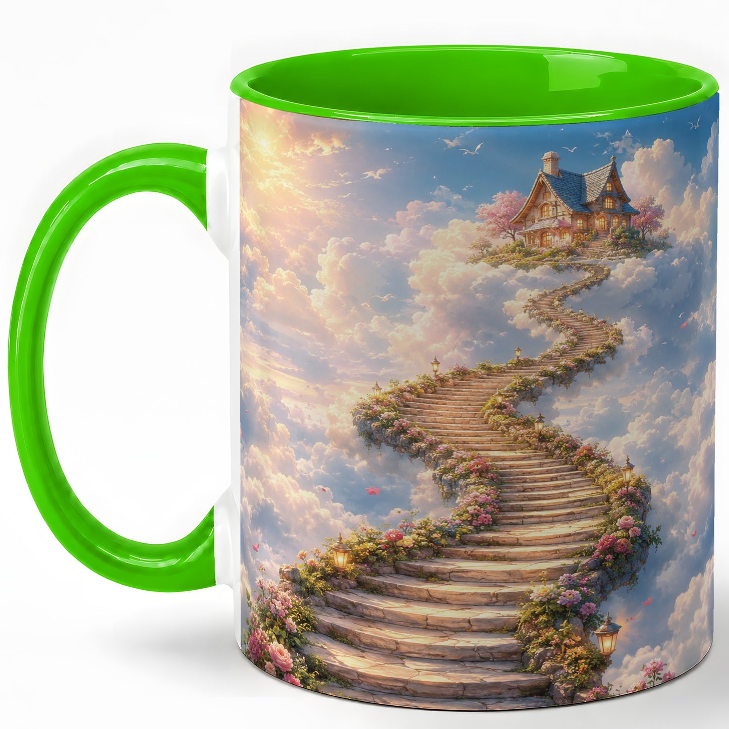 #pl[11oz|Green] Cloud Cottage Stairway Ceramic Mug, Whimsical Sky Cottage Art