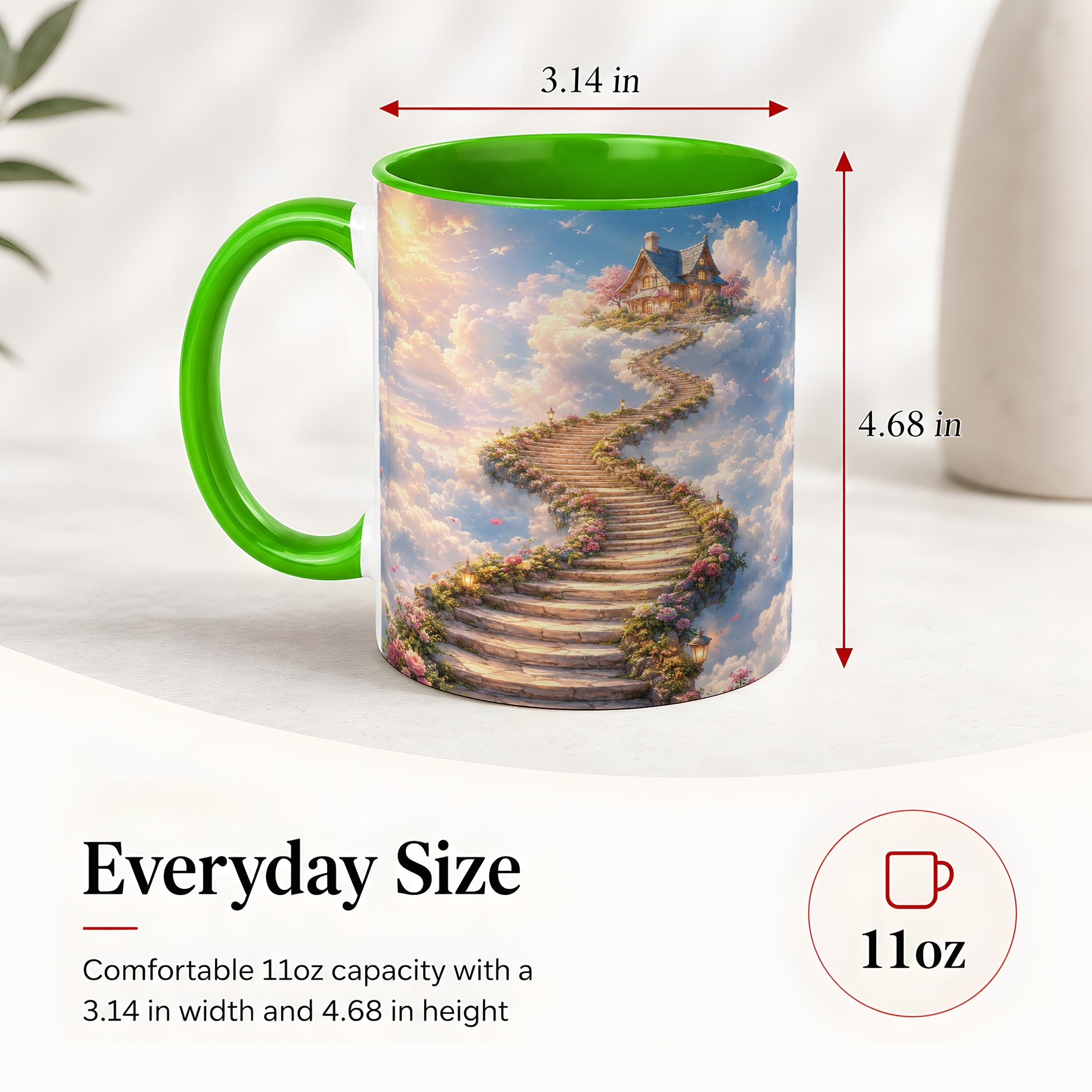 #pl[11oz|Green] Cloud Cottage Stairway Ceramic Mug, Whimsical Sky Cottage Art