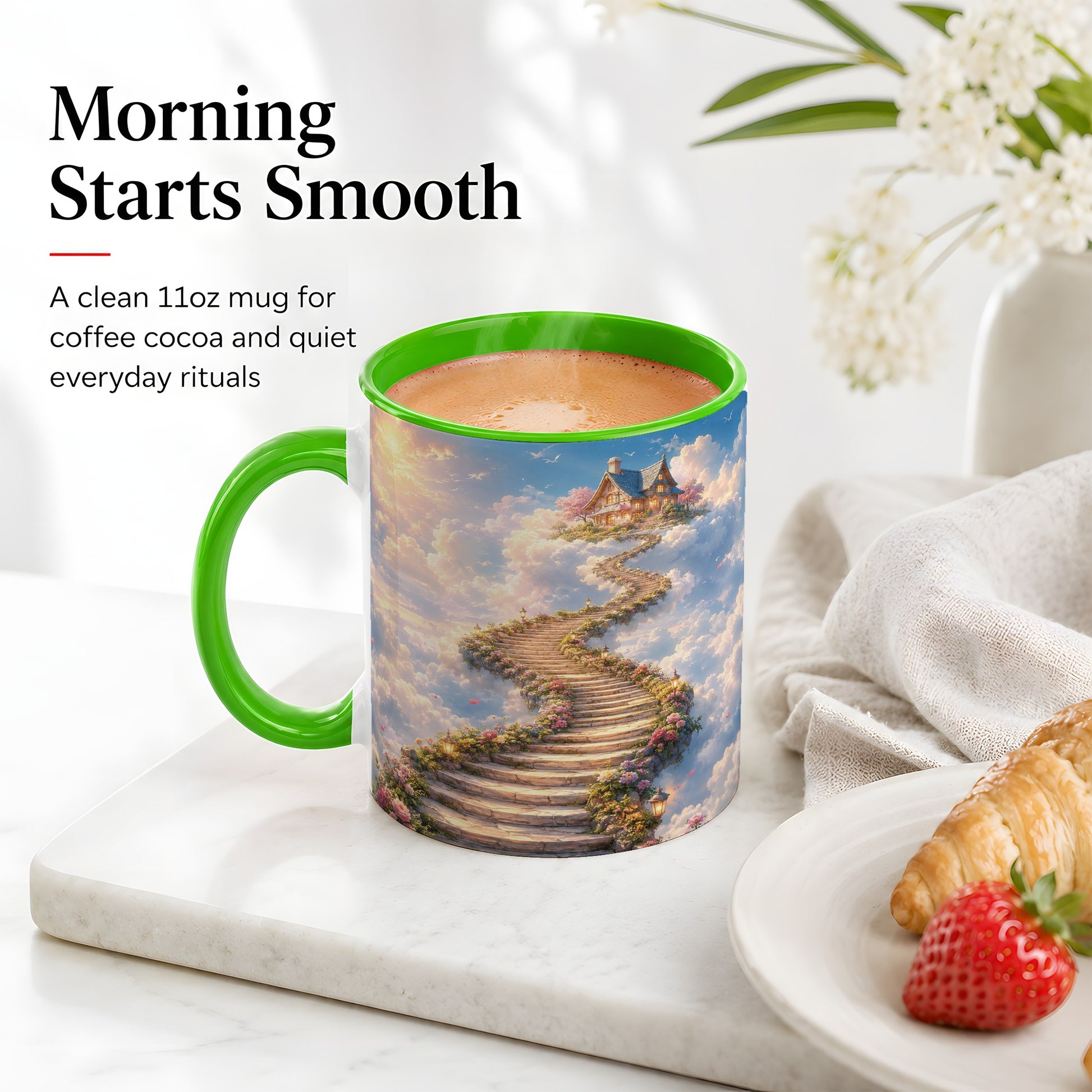 #pl[11oz|Green] Cloud Cottage Stairway Ceramic Mug, Whimsical Sky Cottage Art
