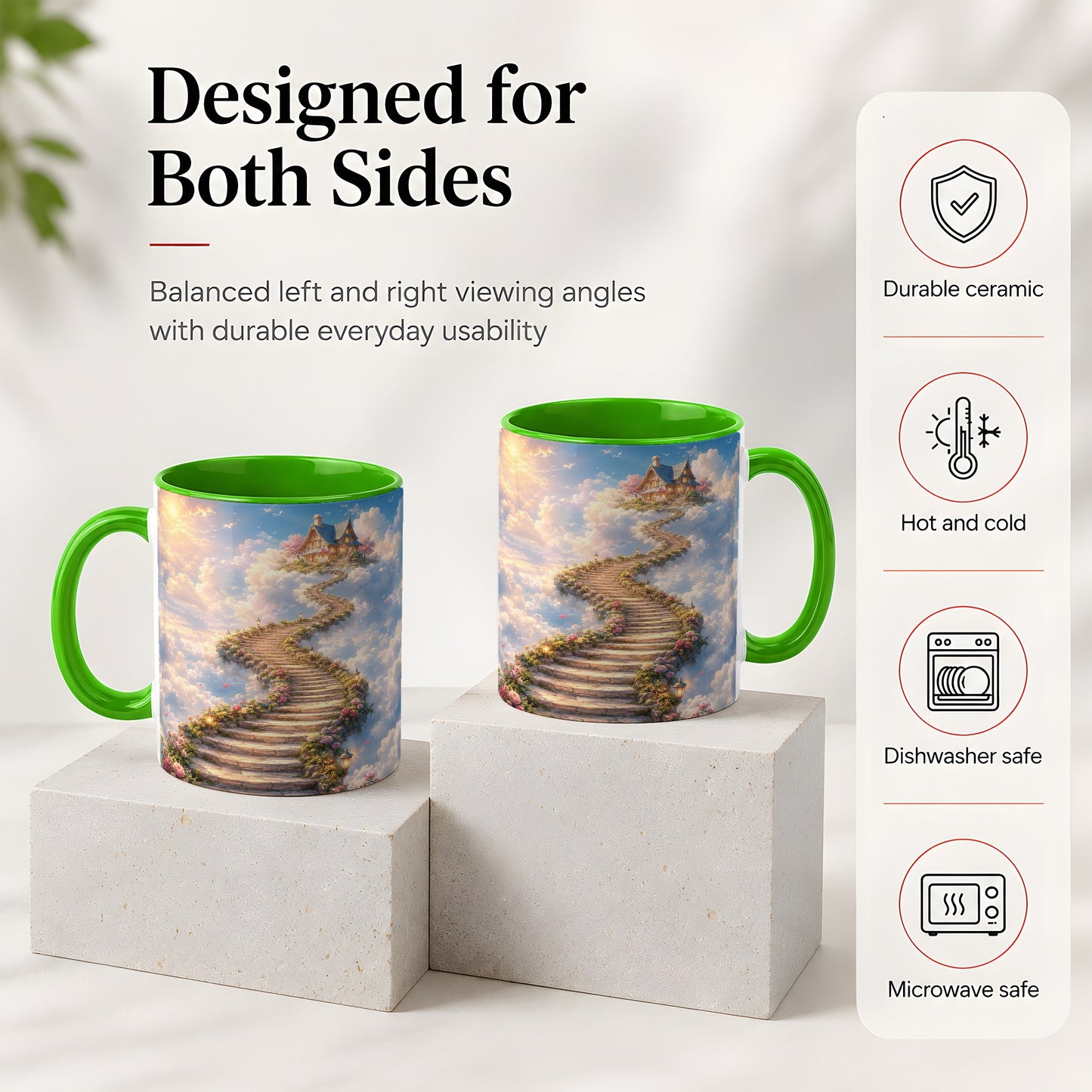 #pl[11oz|Green] Cloud Cottage Stairway Ceramic Mug, Whimsical Sky Cottage Art