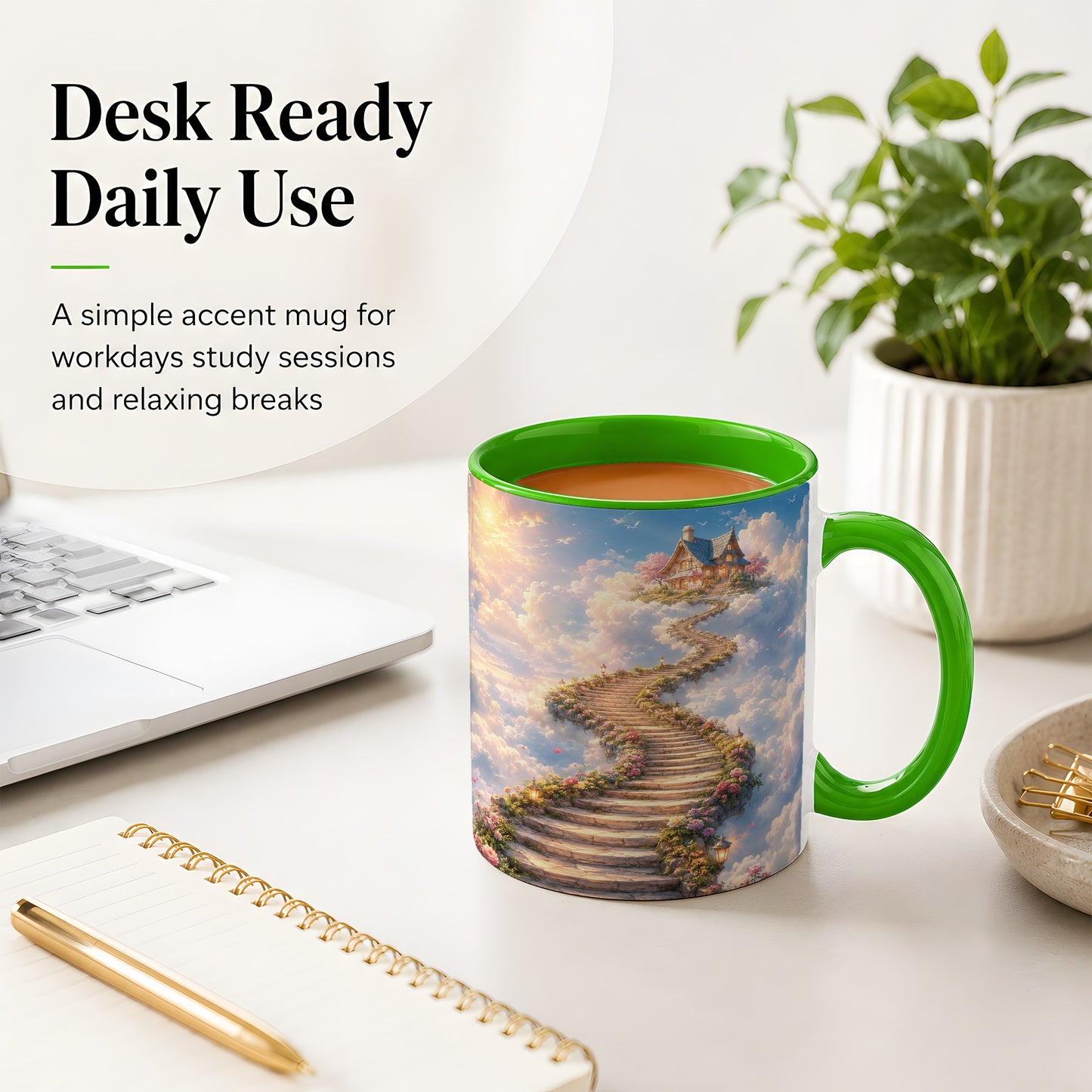 #pl[11oz|Green] Cloud Cottage Stairway Ceramic Mug, Whimsical Sky Cottage Art