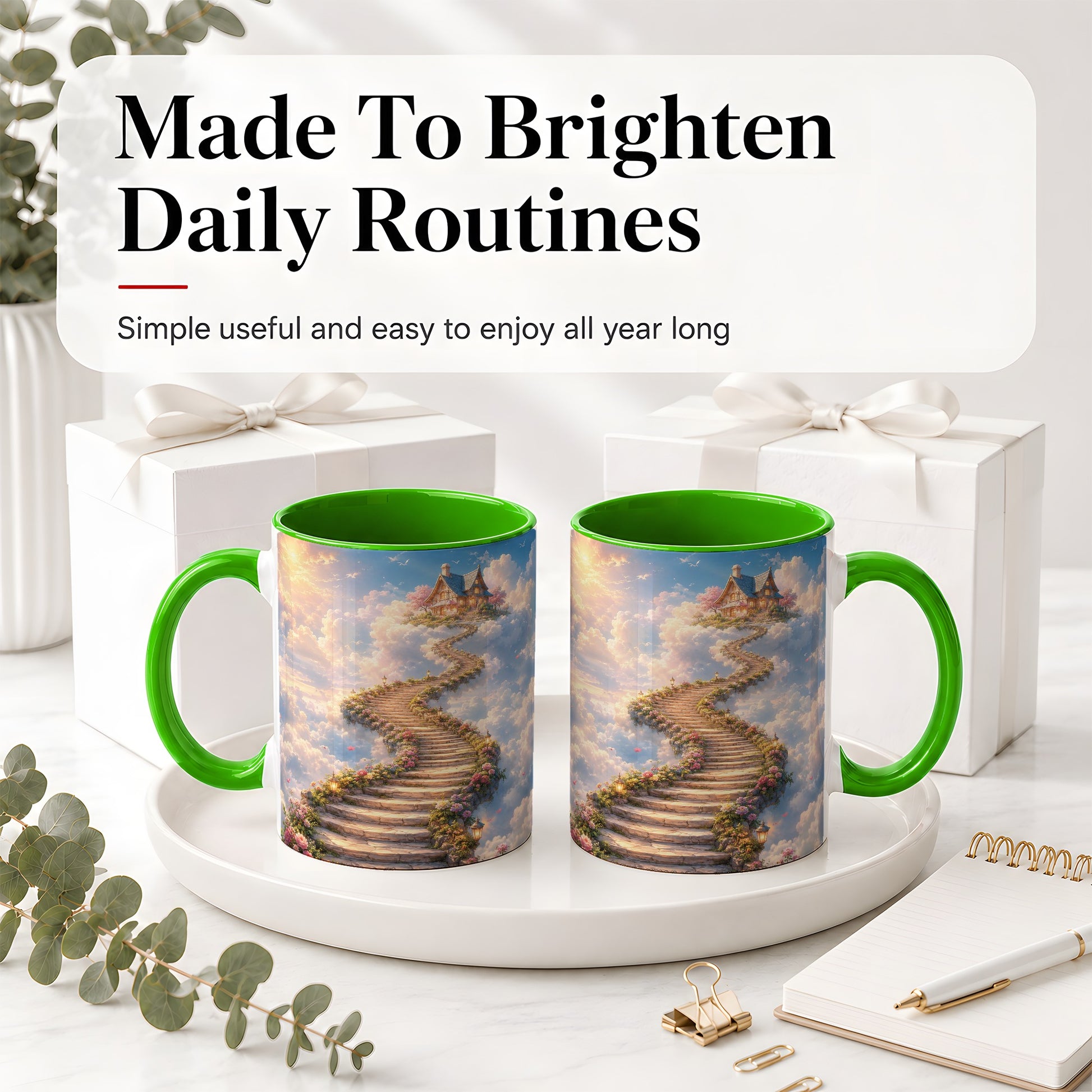 #pl[11oz|Green] Cloud Cottage Stairway Ceramic Mug, Whimsical Sky Cottage Art