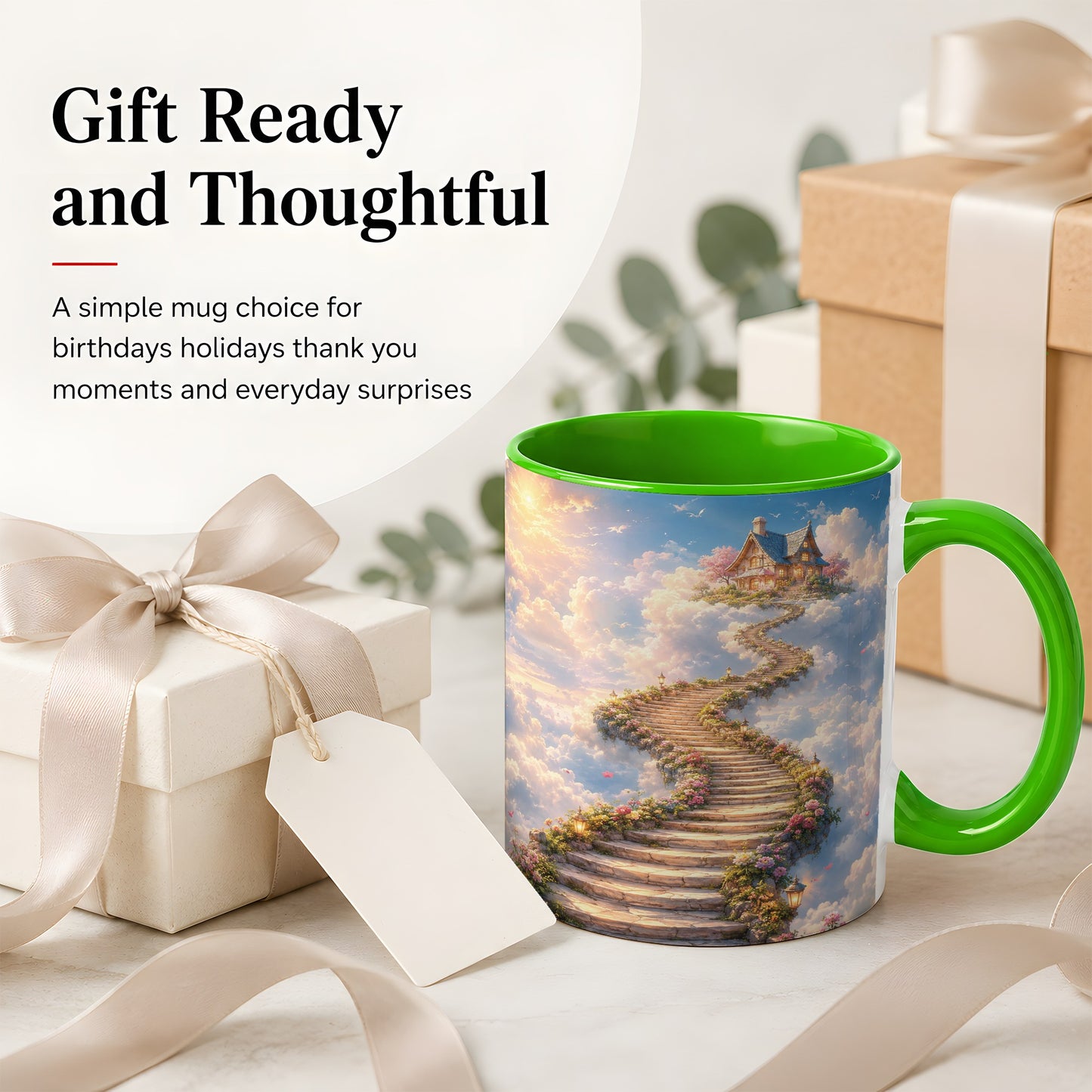 #pl[11oz|Green] Cloud Cottage Stairway Ceramic Mug, Whimsical Sky Cottage Art