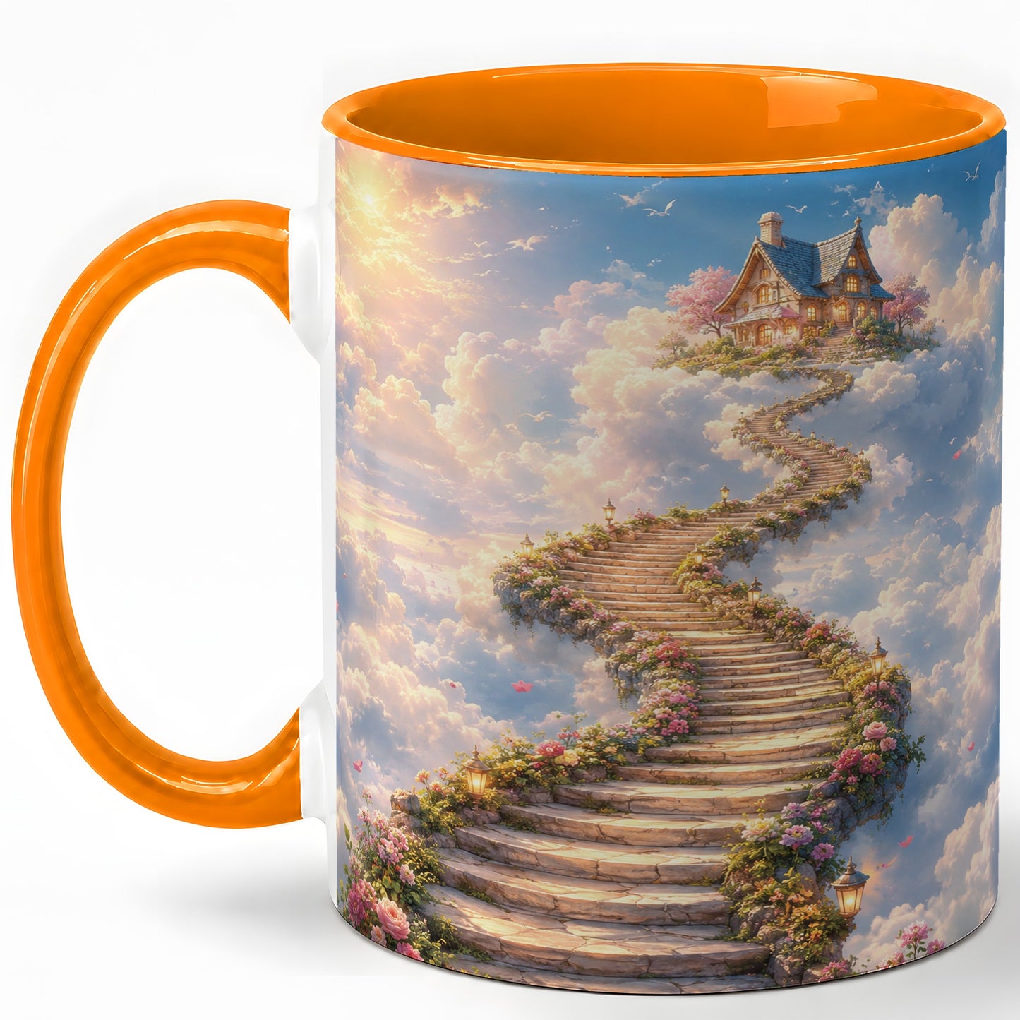 #pl[11oz|Orange] Cloud Cottage Stairway Ceramic Mug, Whimsical Sky Cottage Art