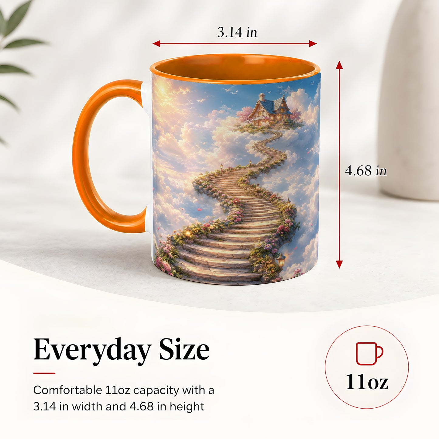 #pl[11oz|Orange] Cloud Cottage Stairway Ceramic Mug, Whimsical Sky Cottage Art
