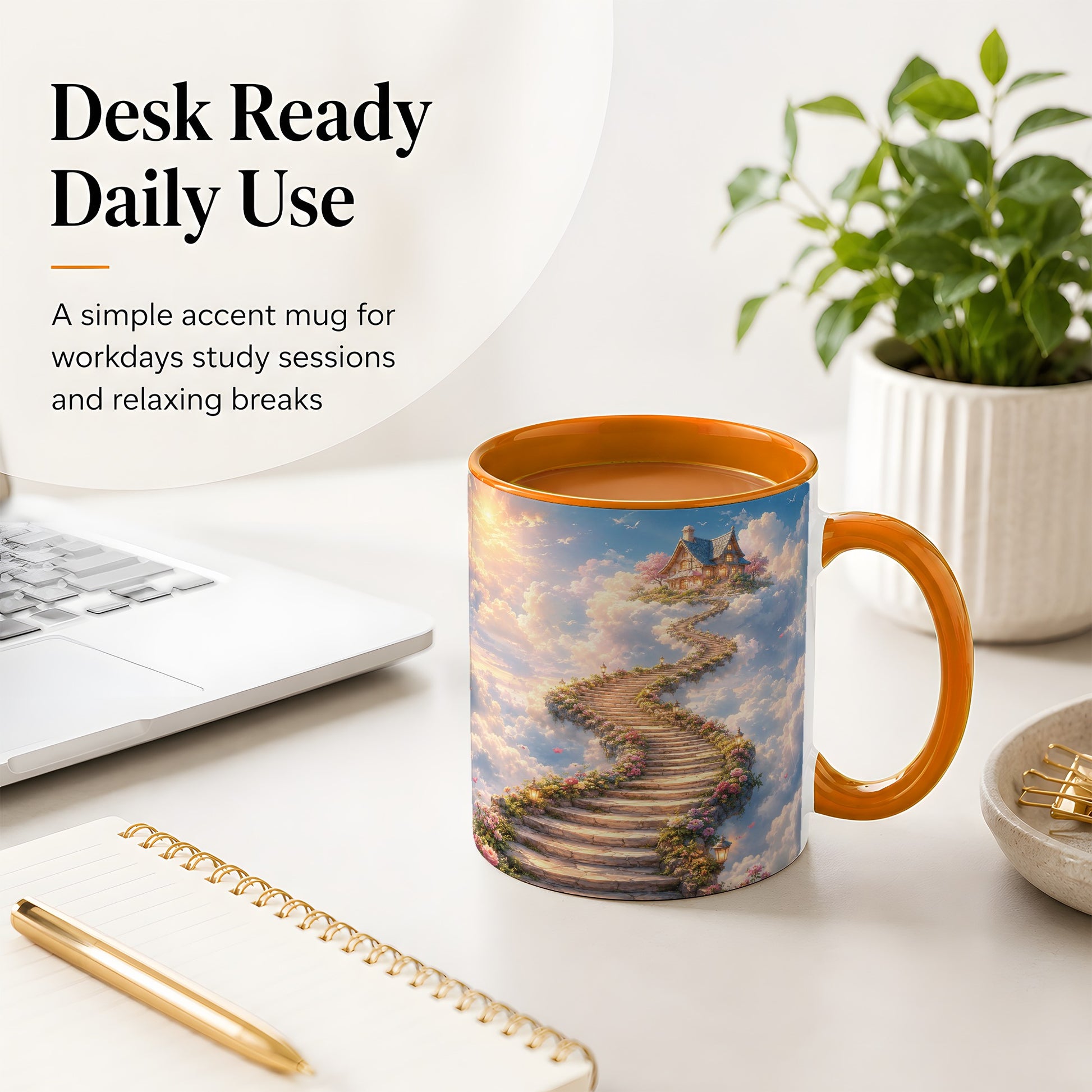 #pl[11oz|Orange] Cloud Cottage Stairway Ceramic Mug, Whimsical Sky Cottage Art