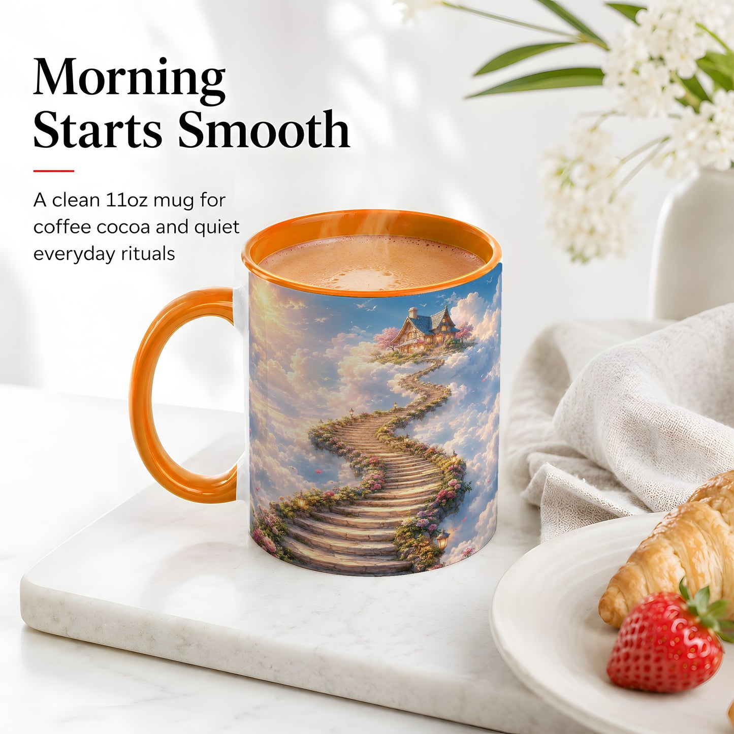 #pl[11oz|Orange] Cloud Cottage Stairway Ceramic Mug, Whimsical Sky Cottage Art