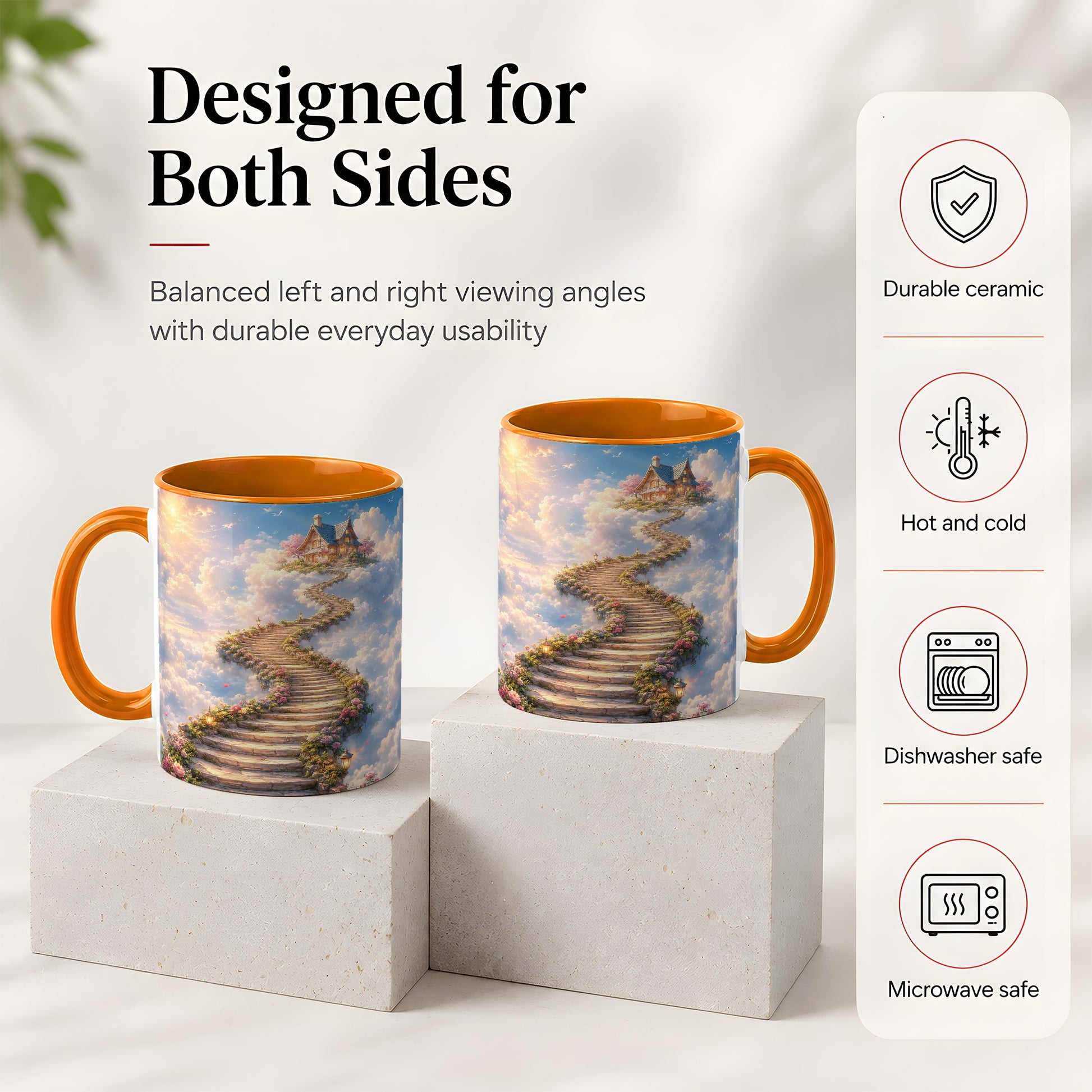 #pl[11oz|Orange] Cloud Cottage Stairway Ceramic Mug, Whimsical Sky Cottage Art