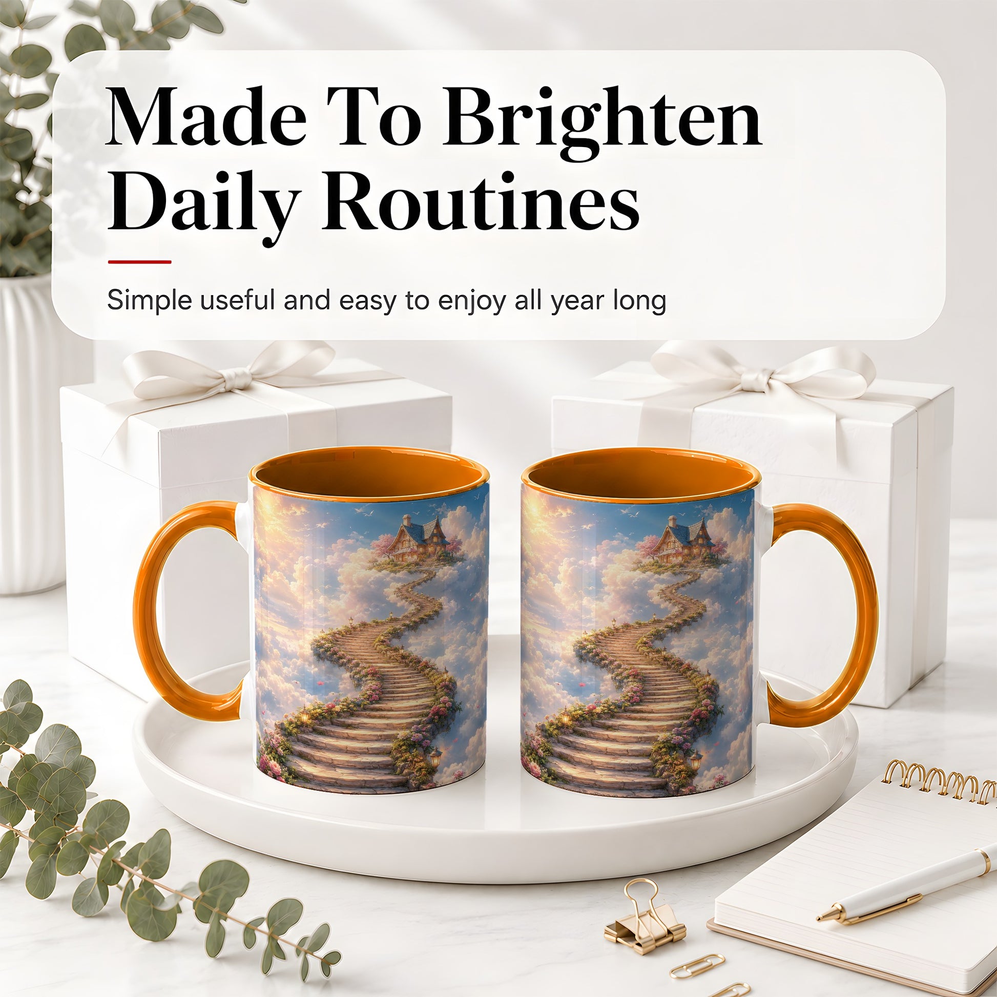 #pl[11oz|Orange] Cloud Cottage Stairway Ceramic Mug, Whimsical Sky Cottage Art
