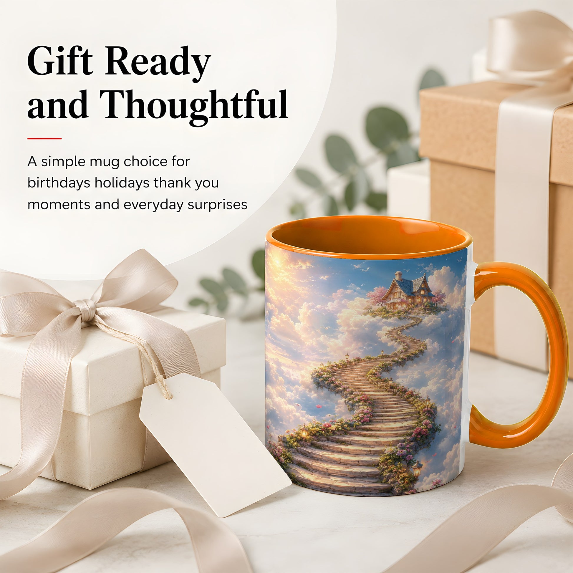 #pl[11oz|Orange] Cloud Cottage Stairway Ceramic Mug, Whimsical Sky Cottage Art