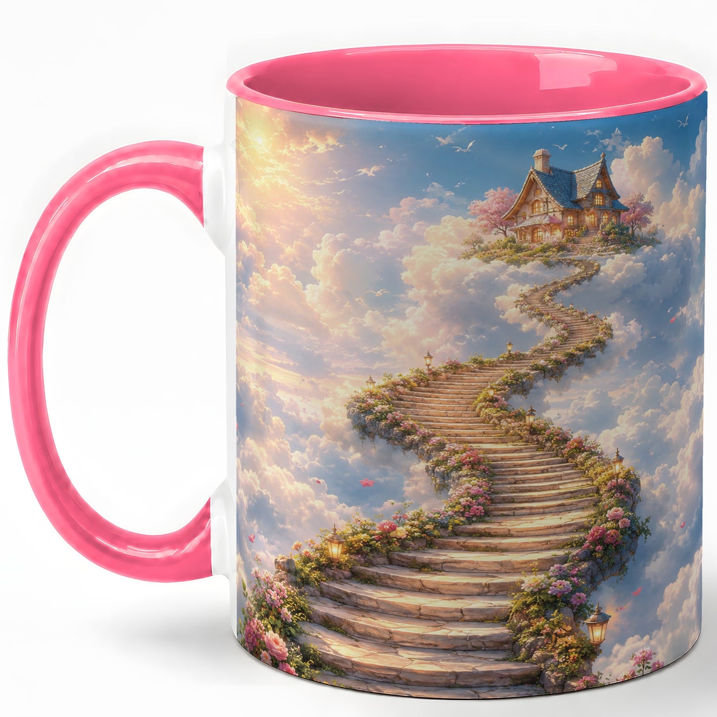 #pl[11oz|Pink] Cloud Cottage Stairway Ceramic Mug, Whimsical Sky Cottage Art