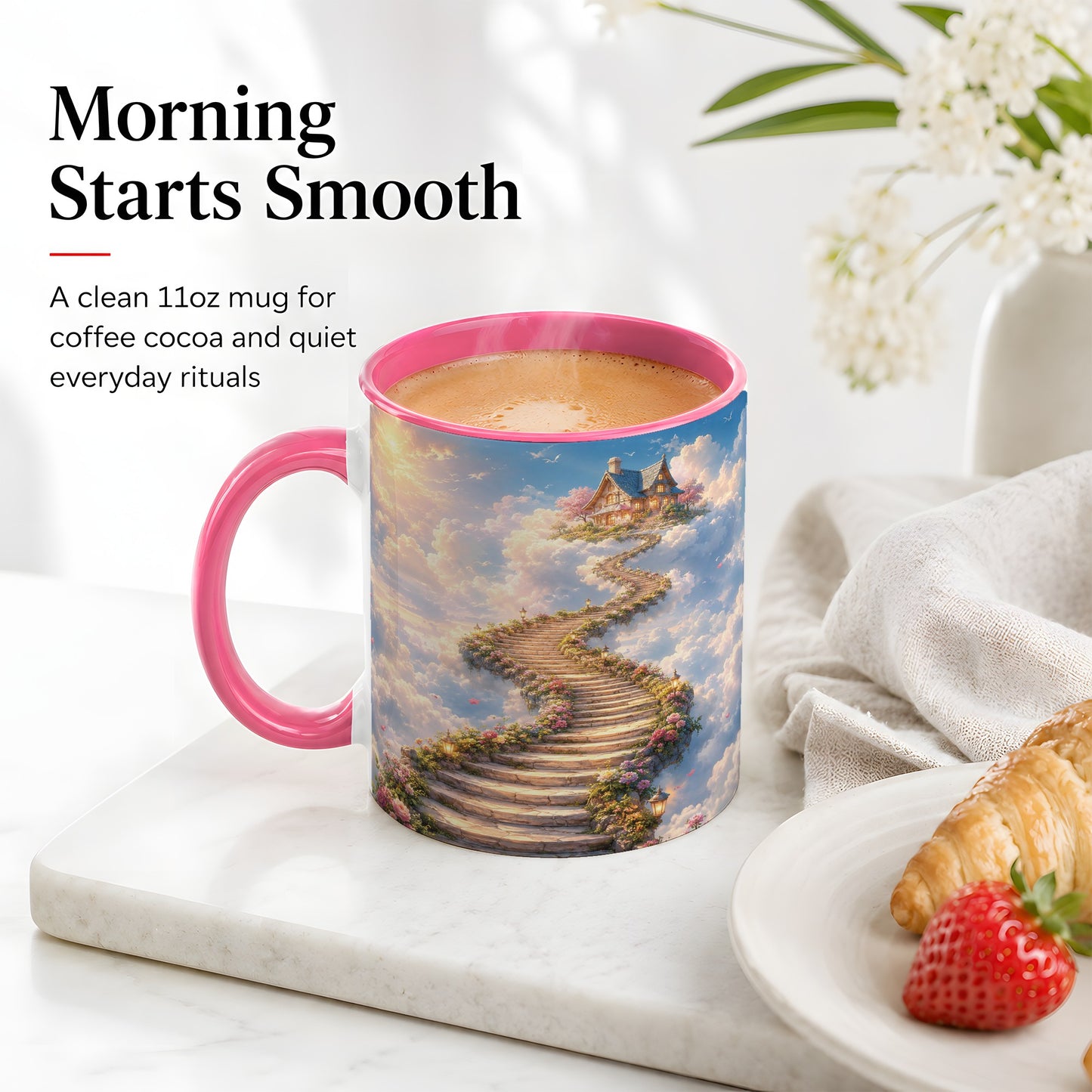 #pl[11oz|Pink] Cloud Cottage Stairway Ceramic Mug, Whimsical Sky Cottage Art