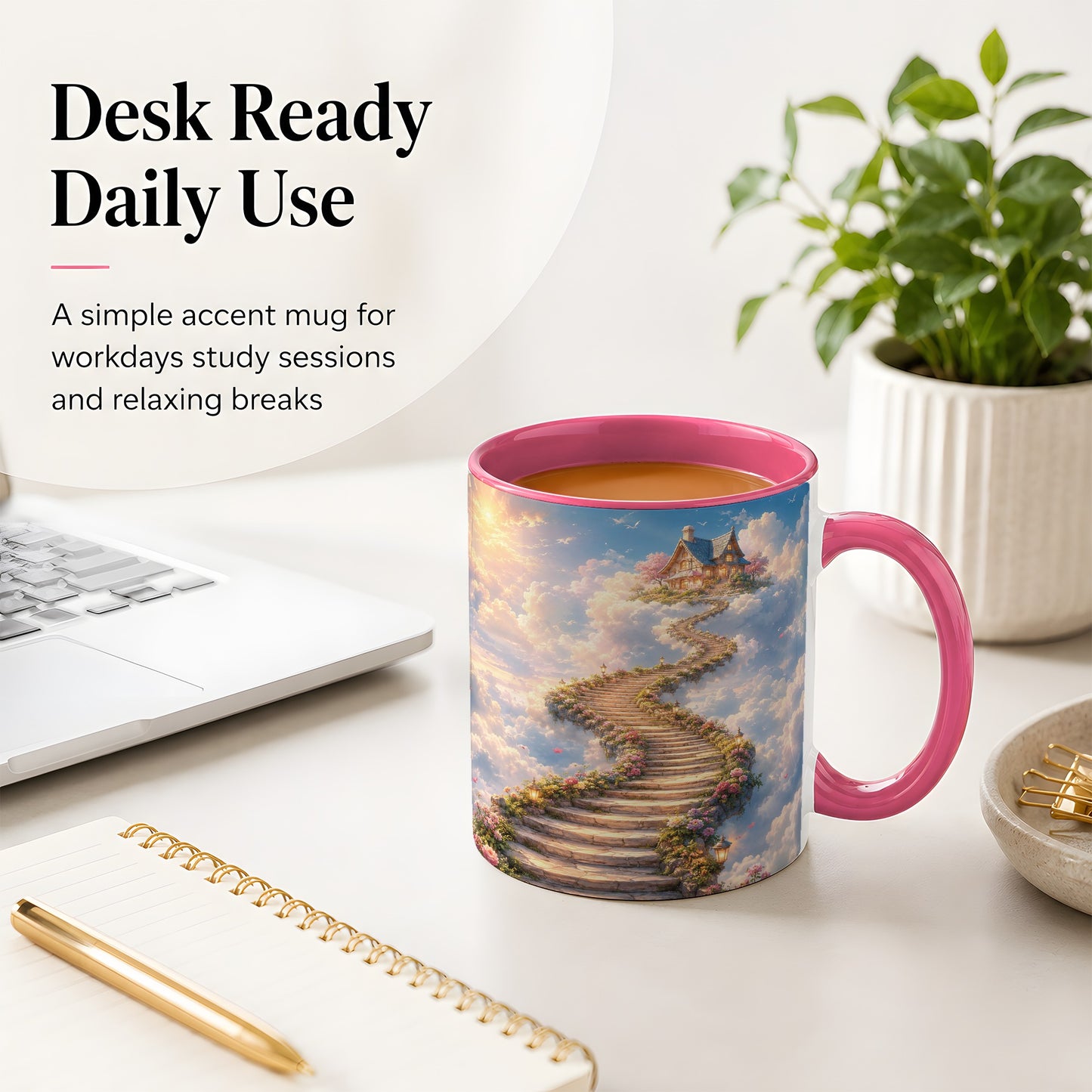 #pl[11oz|Pink] Cloud Cottage Stairway Ceramic Mug, Whimsical Sky Cottage Art
