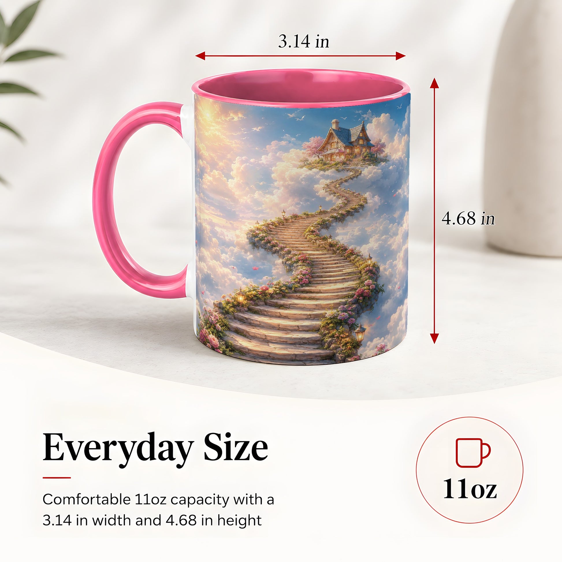 #pl[11oz|Pink] Cloud Cottage Stairway Ceramic Mug, Whimsical Sky Cottage Art