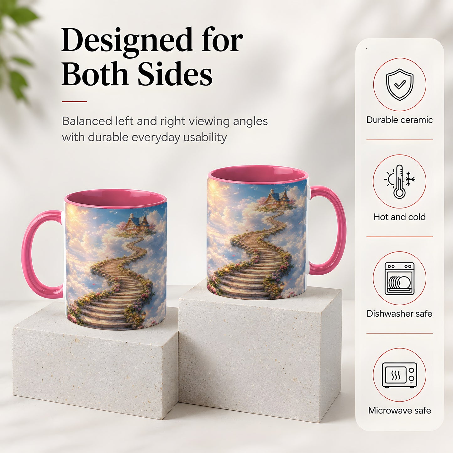 #pl[11oz|Pink] Cloud Cottage Stairway Ceramic Mug, Whimsical Sky Cottage Art