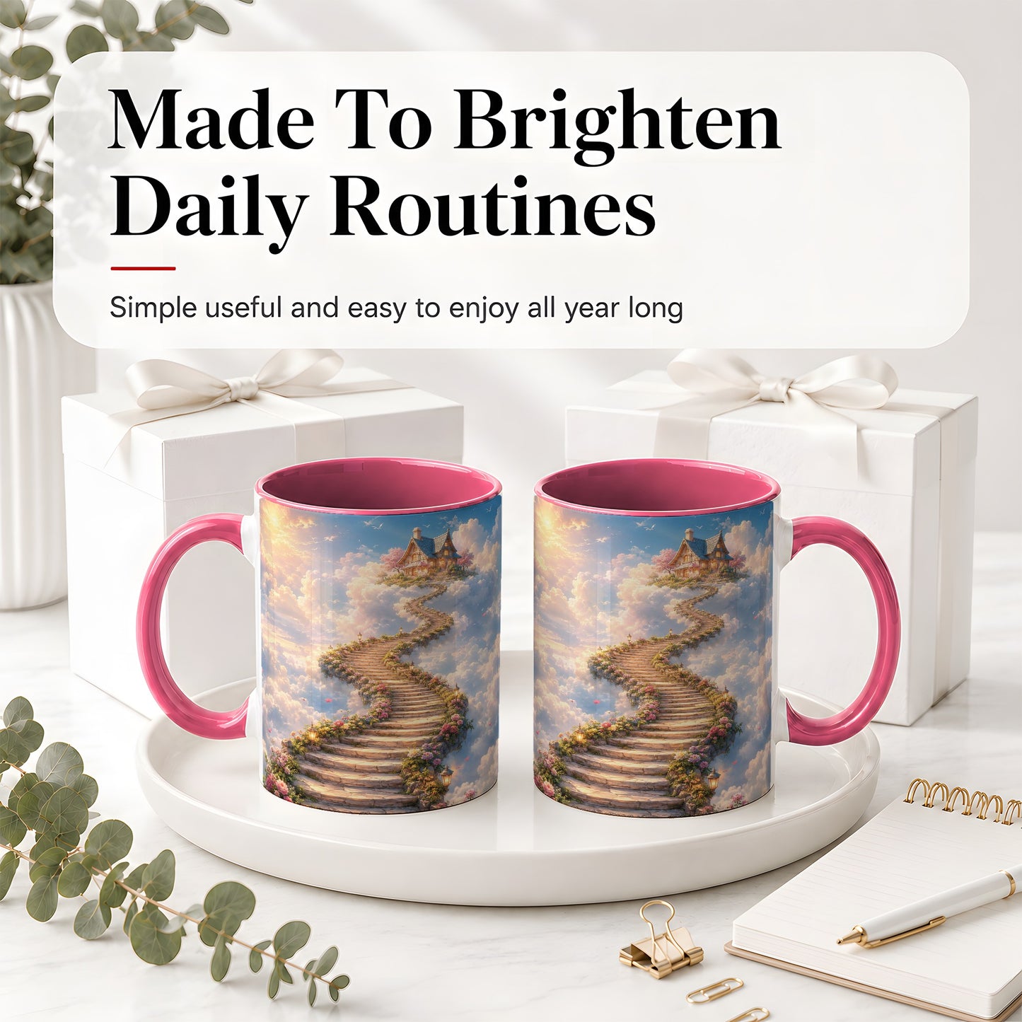 #pl[11oz|Pink] Cloud Cottage Stairway Ceramic Mug, Whimsical Sky Cottage Art