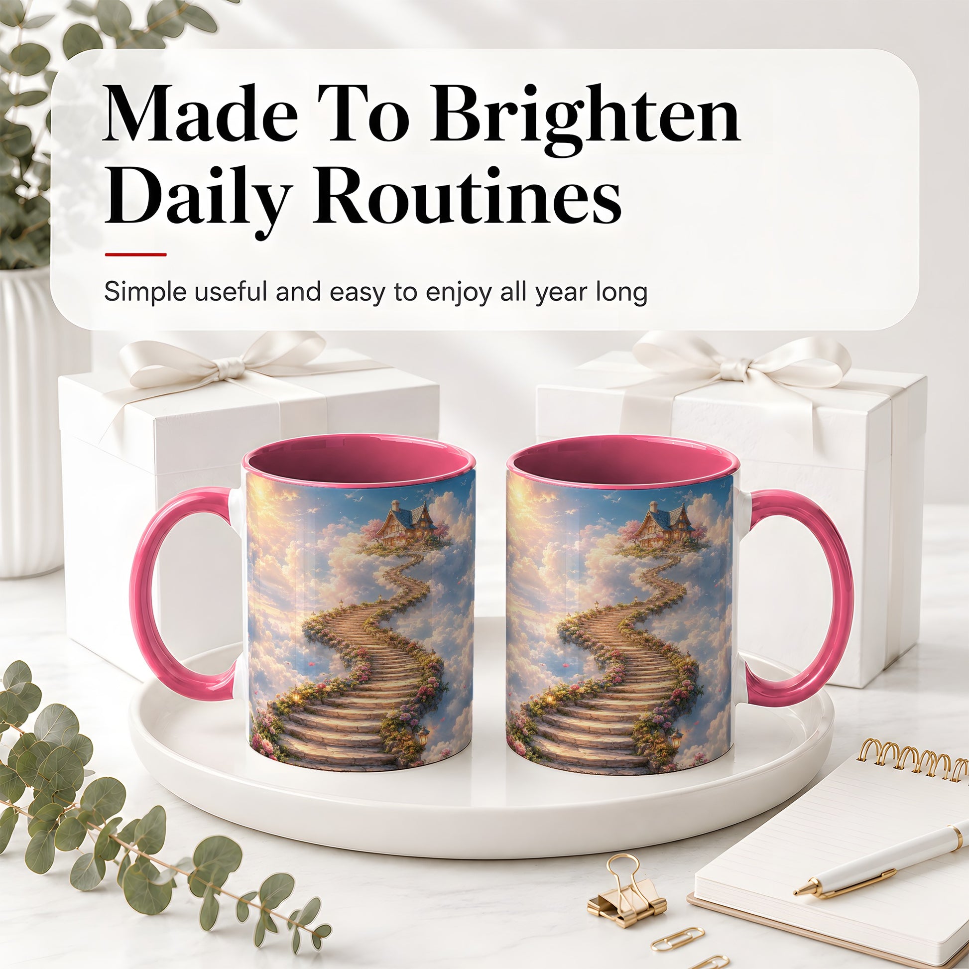 #pl[11oz|Pink] Cloud Cottage Stairway Ceramic Mug, Whimsical Sky Cottage Art