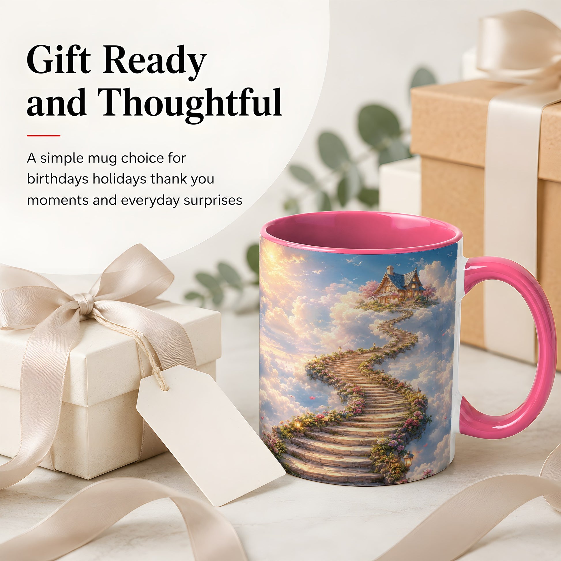 #pl[11oz|Pink] Cloud Cottage Stairway Ceramic Mug, Whimsical Sky Cottage Art