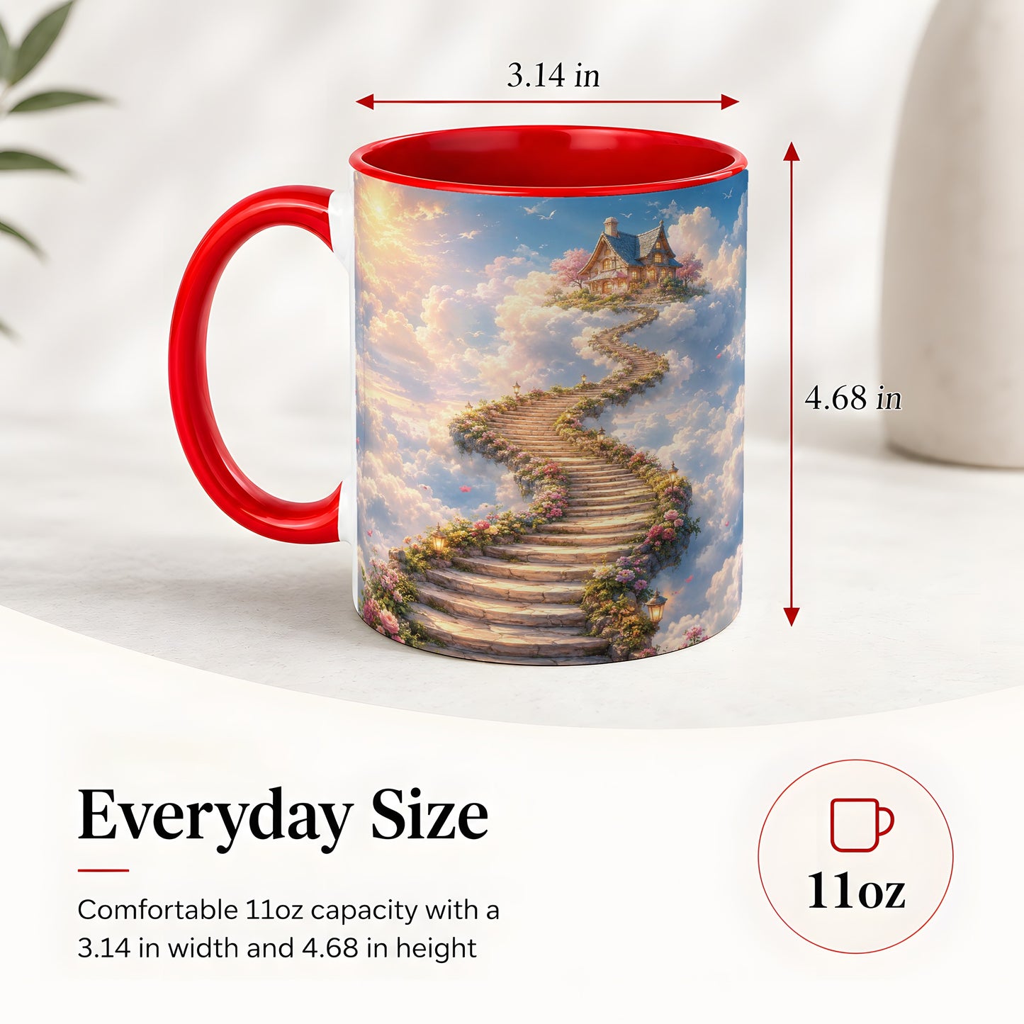 #pl[11oz|Red] Cloud Cottage Stairway Ceramic Mug, Whimsical Sky Cottage Art