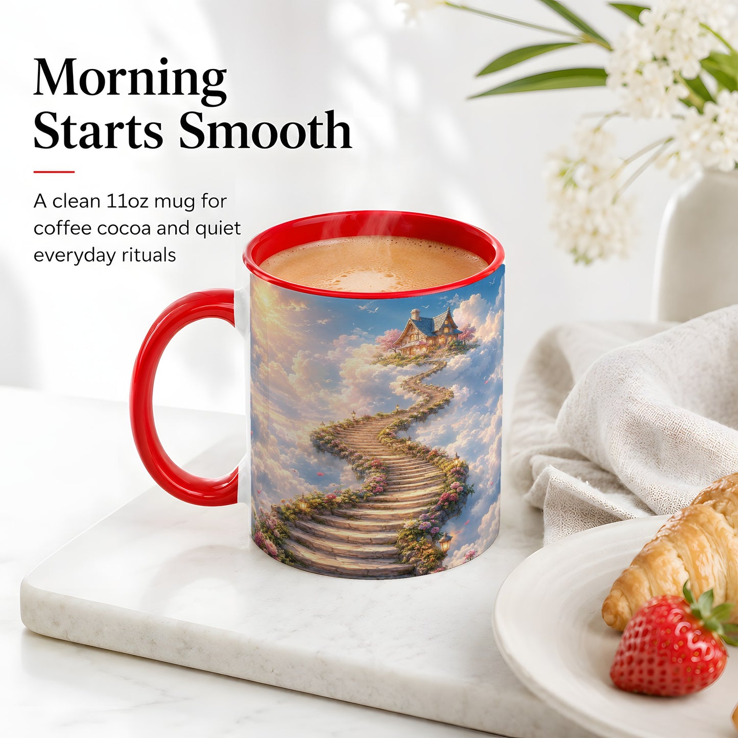 #pl[11oz|Red] Cloud Cottage Stairway Ceramic Mug, Whimsical Sky Cottage Art