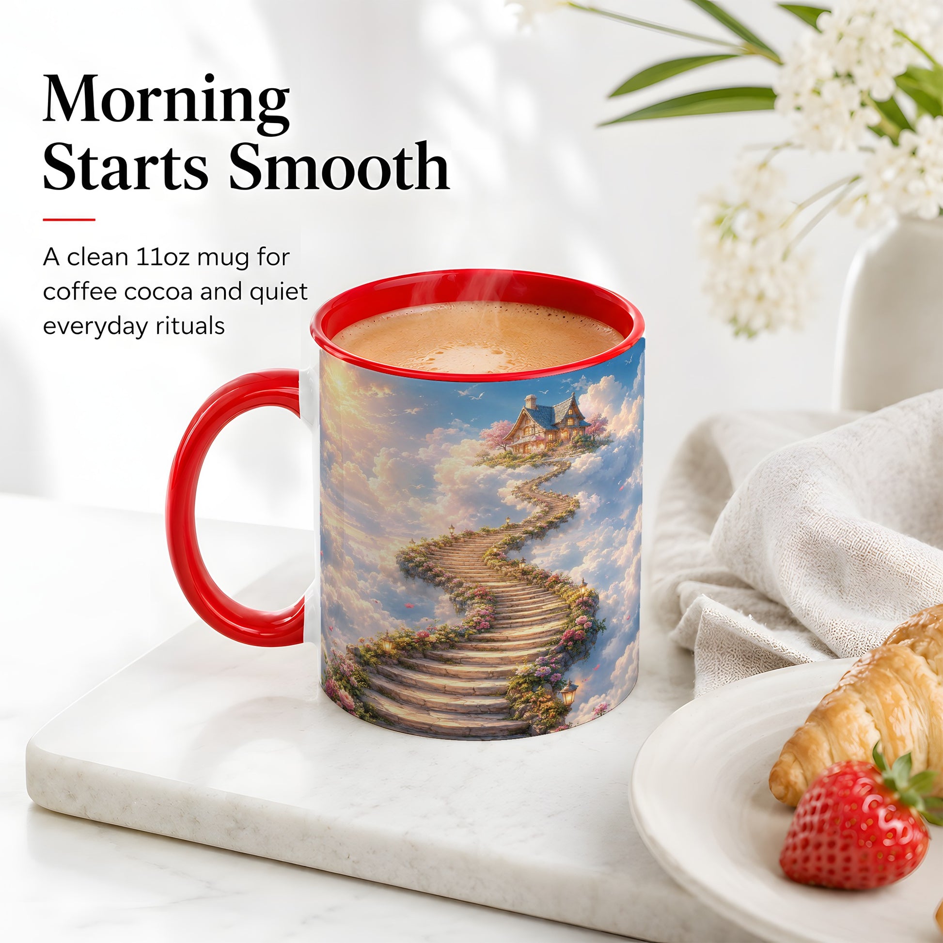 #pl[11oz|Red] Cloud Cottage Stairway Ceramic Mug, Whimsical Sky Cottage Art