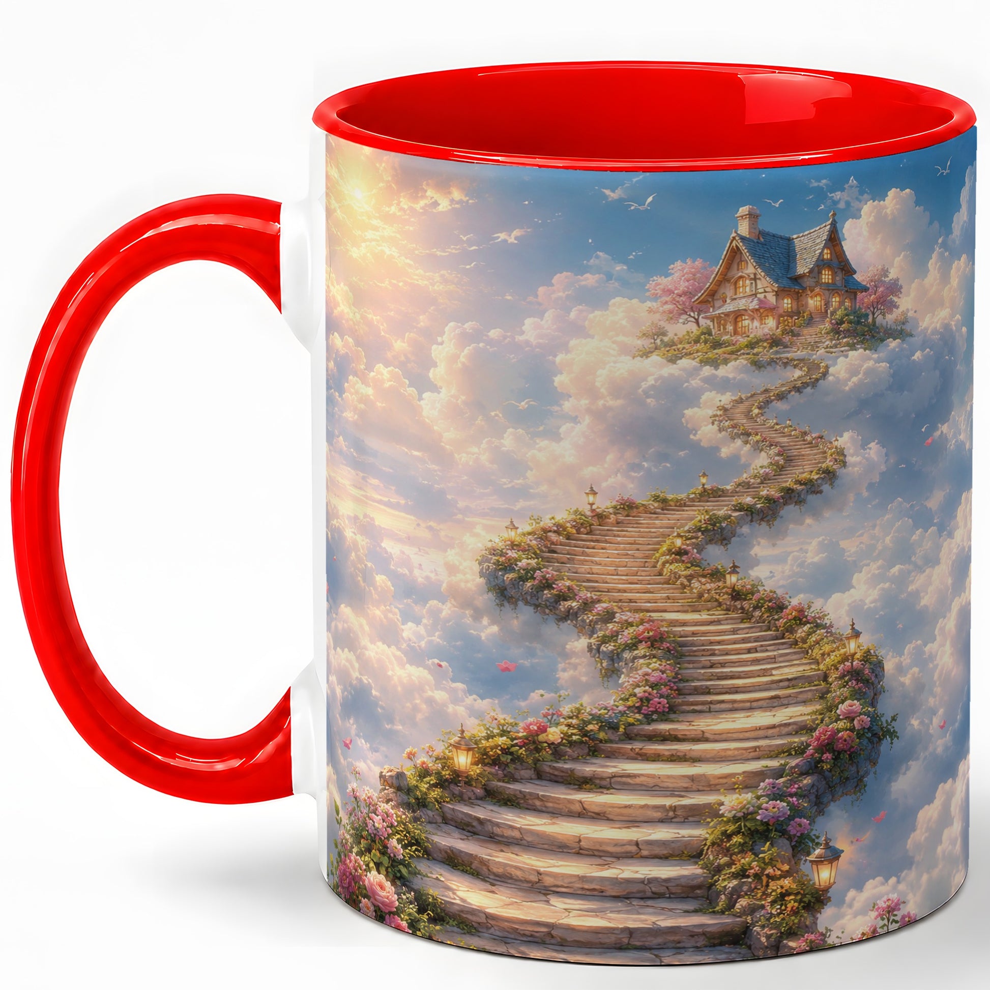 Cloud Cottage Stairway Ceramic Mug, Whimsical Sky Cottage Art
