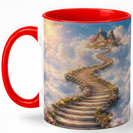 Cloud Cottage Stairway Ceramic Mug, Whimsical Sky Cottage Art