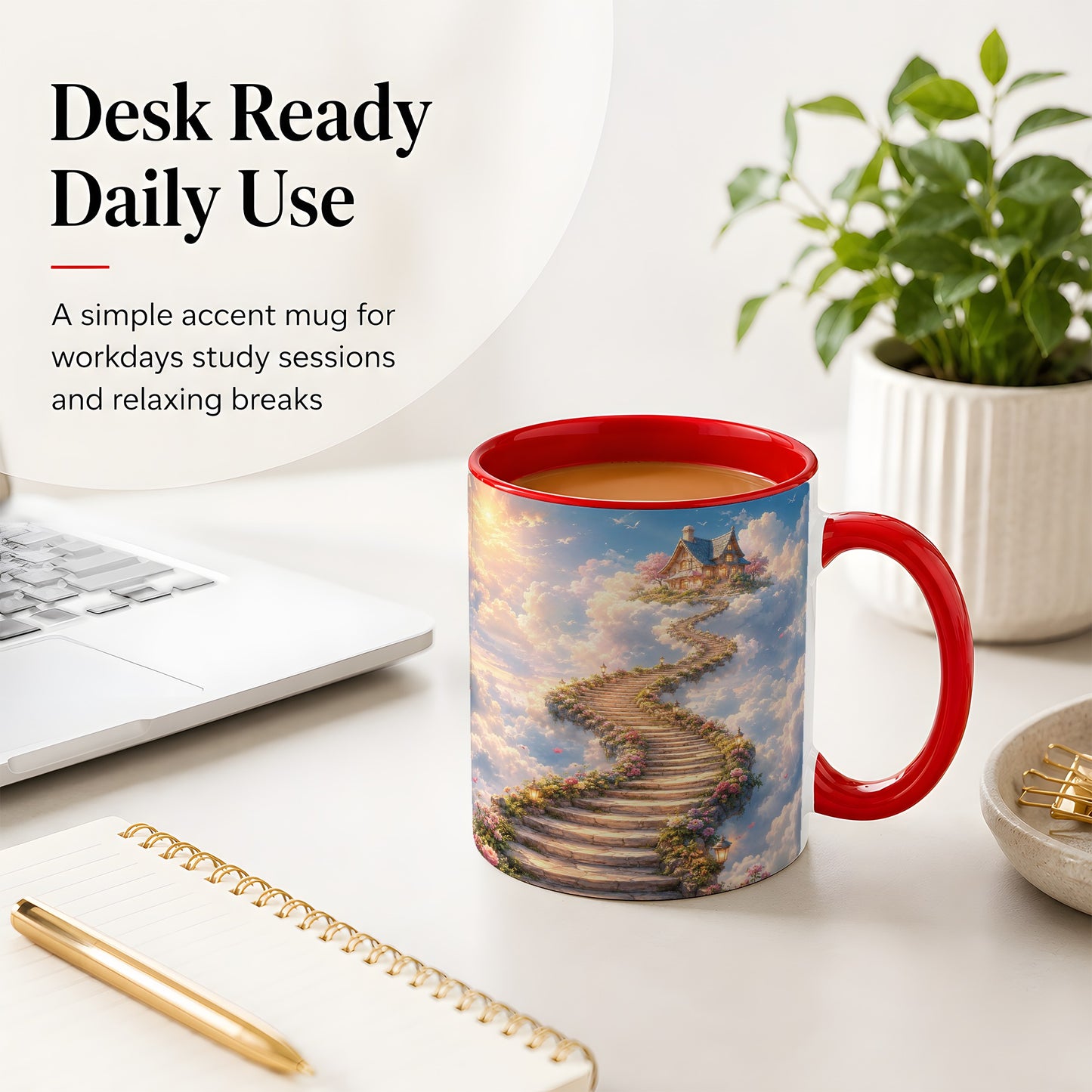 #pl[11oz|Red] Cloud Cottage Stairway Ceramic Mug, Whimsical Sky Cottage Art